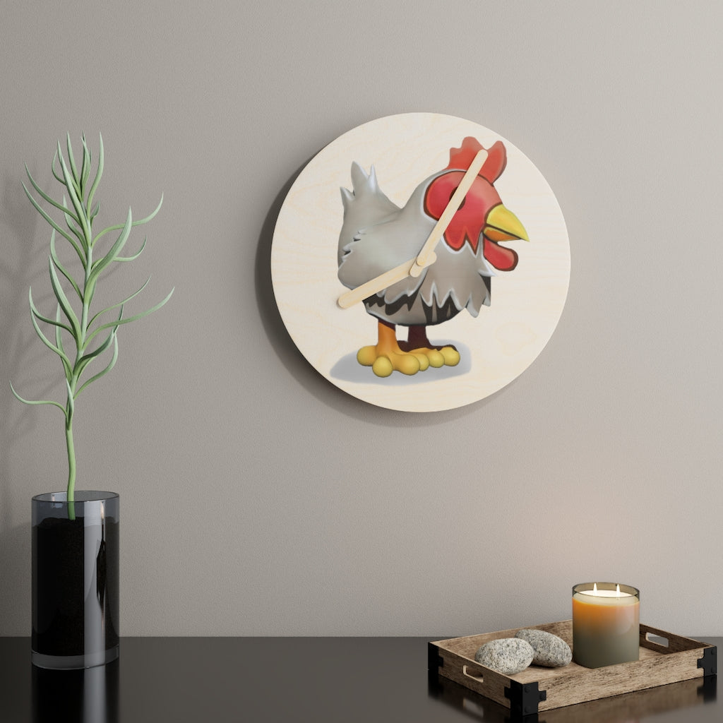 A charming Chicken Wooden Wall Clock made from sustainable birch plywood, featuring a whimsical chicken design.