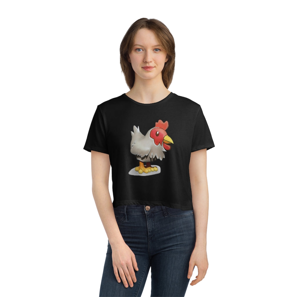 A stylish Chicken Women's Flowy Cropped Tee in a vibrant color, showcasing its flowy fit and modest crop design.