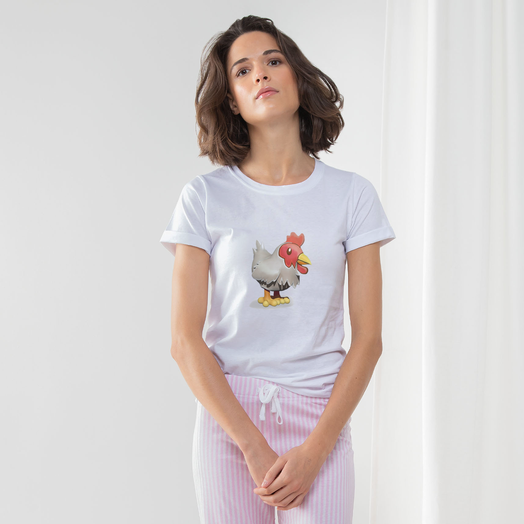 Chicken Women's Long Pant Pyjama Set featuring a white t-shirt and striped pants with a matching drawcord bag.