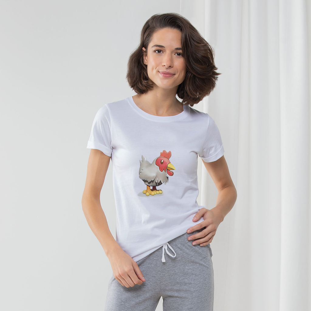 Chicken Women's Long Pant Pyjama Set featuring a white t-shirt and striped pants with a matching drawcord bag.