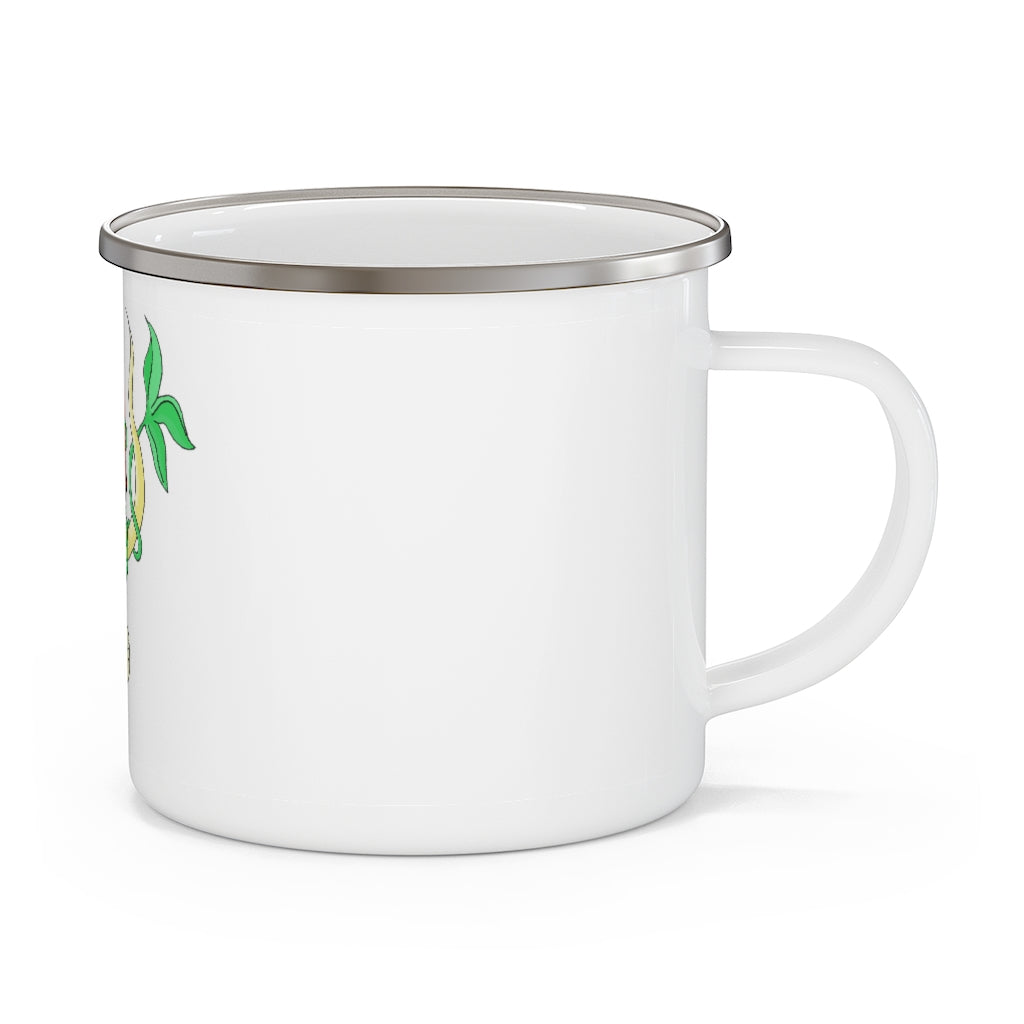 Chickgoton Enamel Camping Mug in a natural outdoor setting, showcasing its durable design and customizable print.