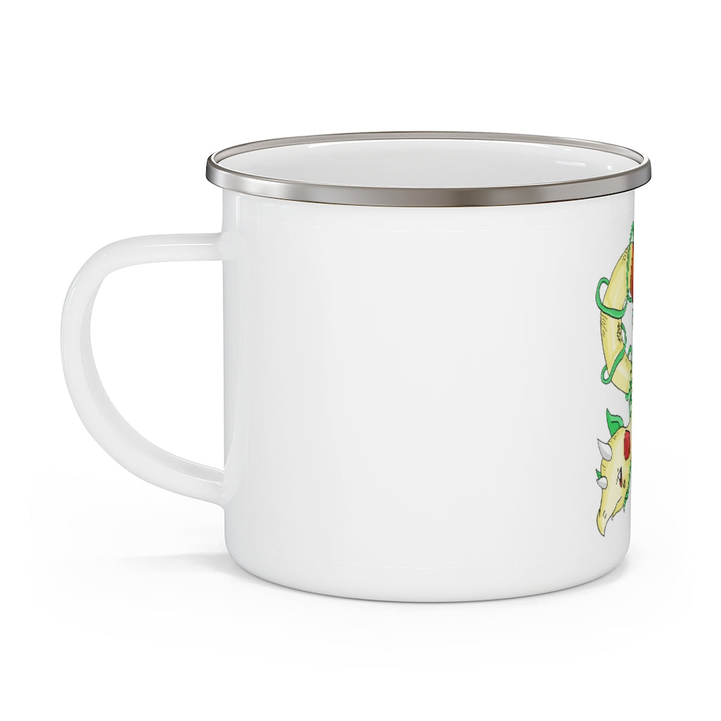 Chickgoton Enamel Camping Mug in a natural outdoor setting, showcasing its durable design and customizable print.