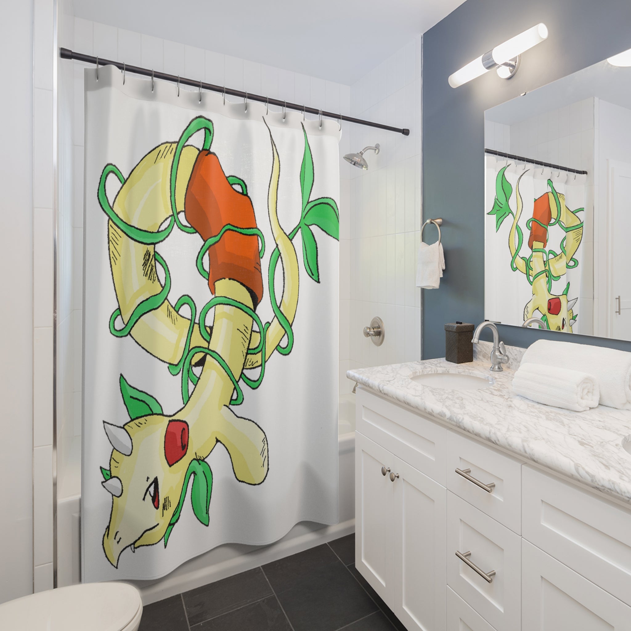 Chickgoton Shower Curtain featuring vibrant custom designs, made from durable polyester material.