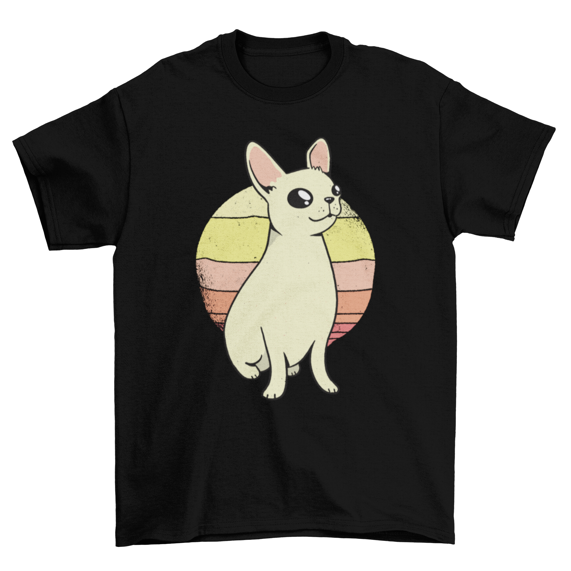 Chihuahua sunset t-shirt featuring a cute chihuahua dog with a retro sunset design in vibrant colors.