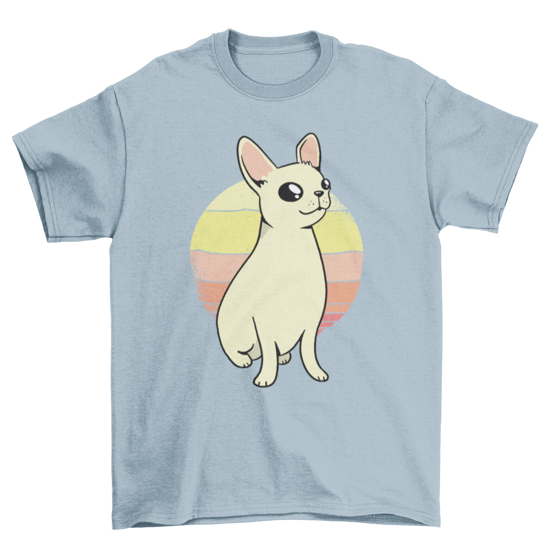 Chihuahua sunset t-shirt featuring a cute chihuahua dog with a retro sunset design in vibrant colors.