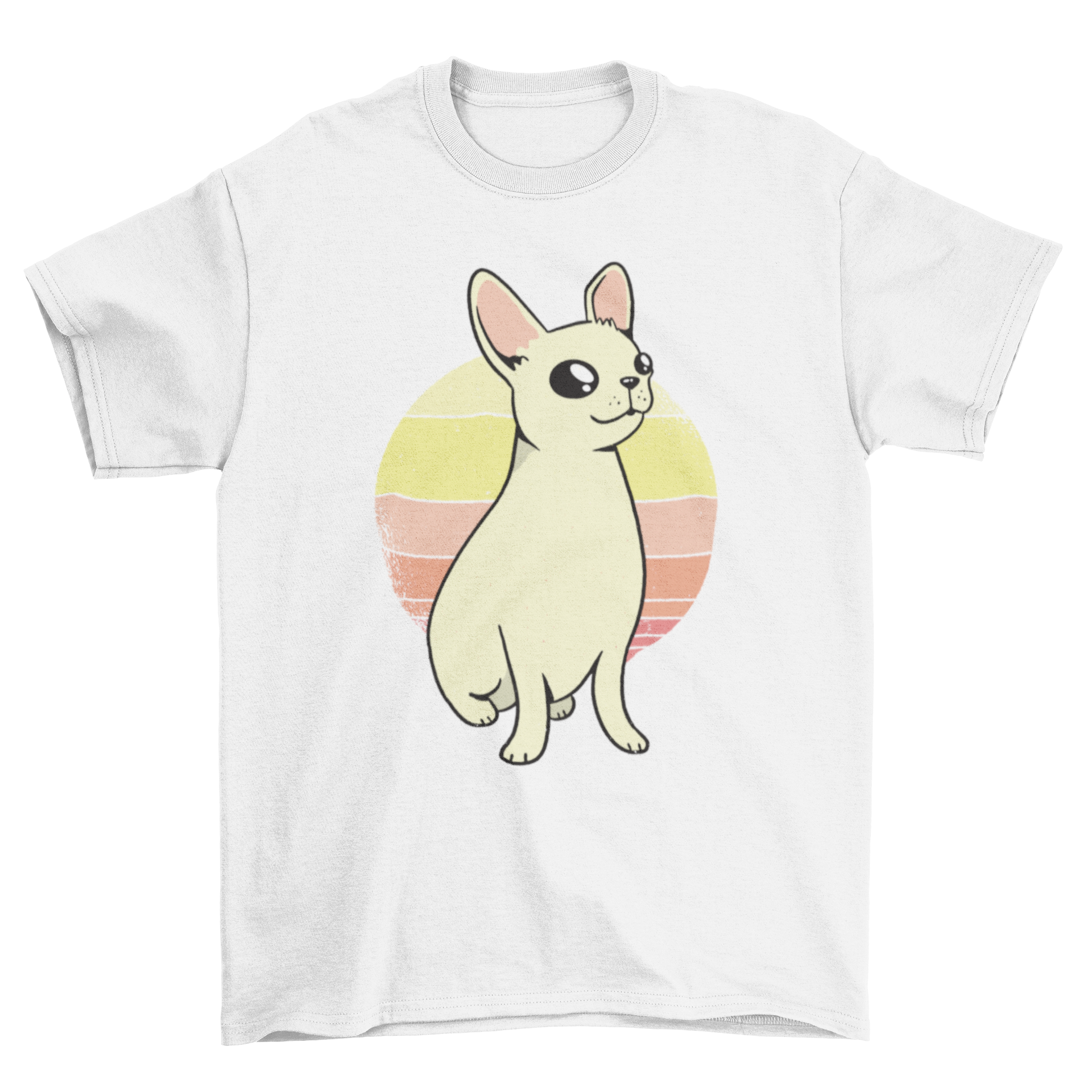 Chihuahua sunset t-shirt featuring a cute chihuahua dog with a retro sunset design in vibrant colors.