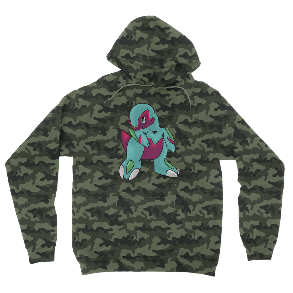 Chiki Camouflage Adult Hoodie featuring a classic camo print, kangaroo pouch pocket, and flat lace drawcords, perfect for casual wear.