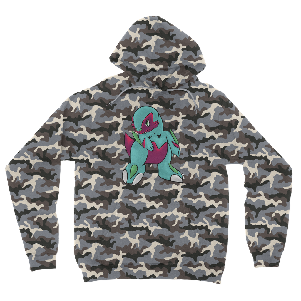 Chiki Camouflage Adult Hoodie featuring a classic camo print, kangaroo pouch pocket, and flat lace drawcords, perfect for casual wear.