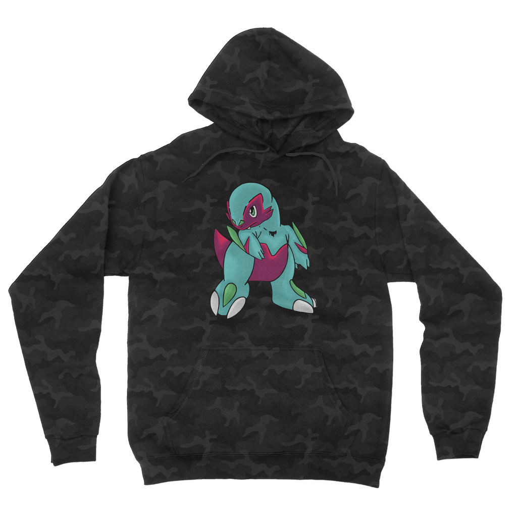 Chiki Camouflage Adult Hoodie featuring a classic camo print, kangaroo pouch pocket, and flat lace drawcords, perfect for casual wear.