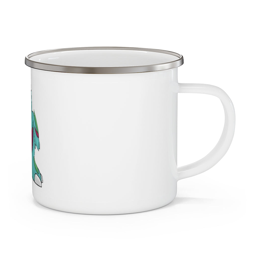 Chiki Enamel Camping Mug with a C-handle, featuring a personalized design, perfect for outdoor adventures.