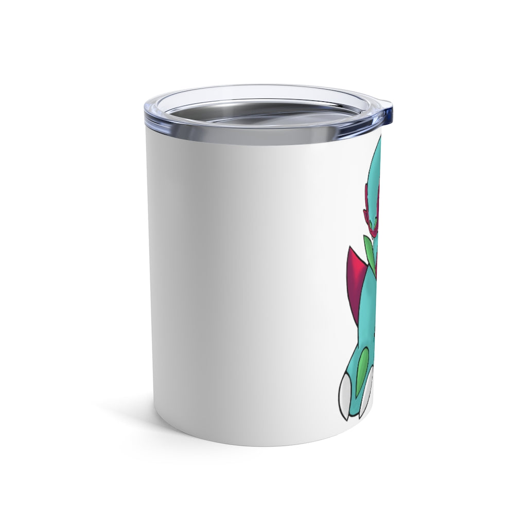 Chiki Tumbler 10oz in stainless steel with a see-thru plastic lid, showcasing its sleek design and rounded corners.