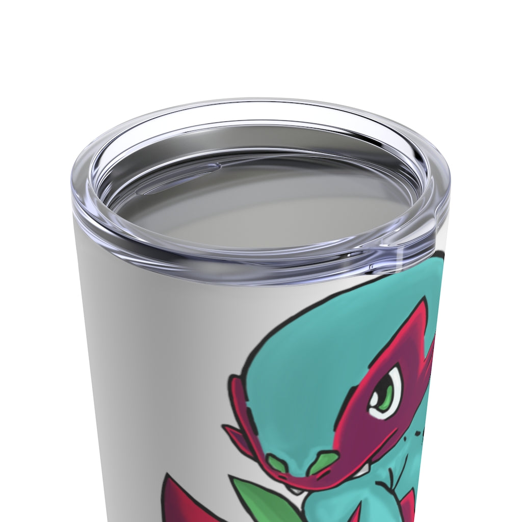 Chiki Tumbler 20oz in stainless steel with a see-thru plastic lid, showcasing its sleek design and rounded corners.