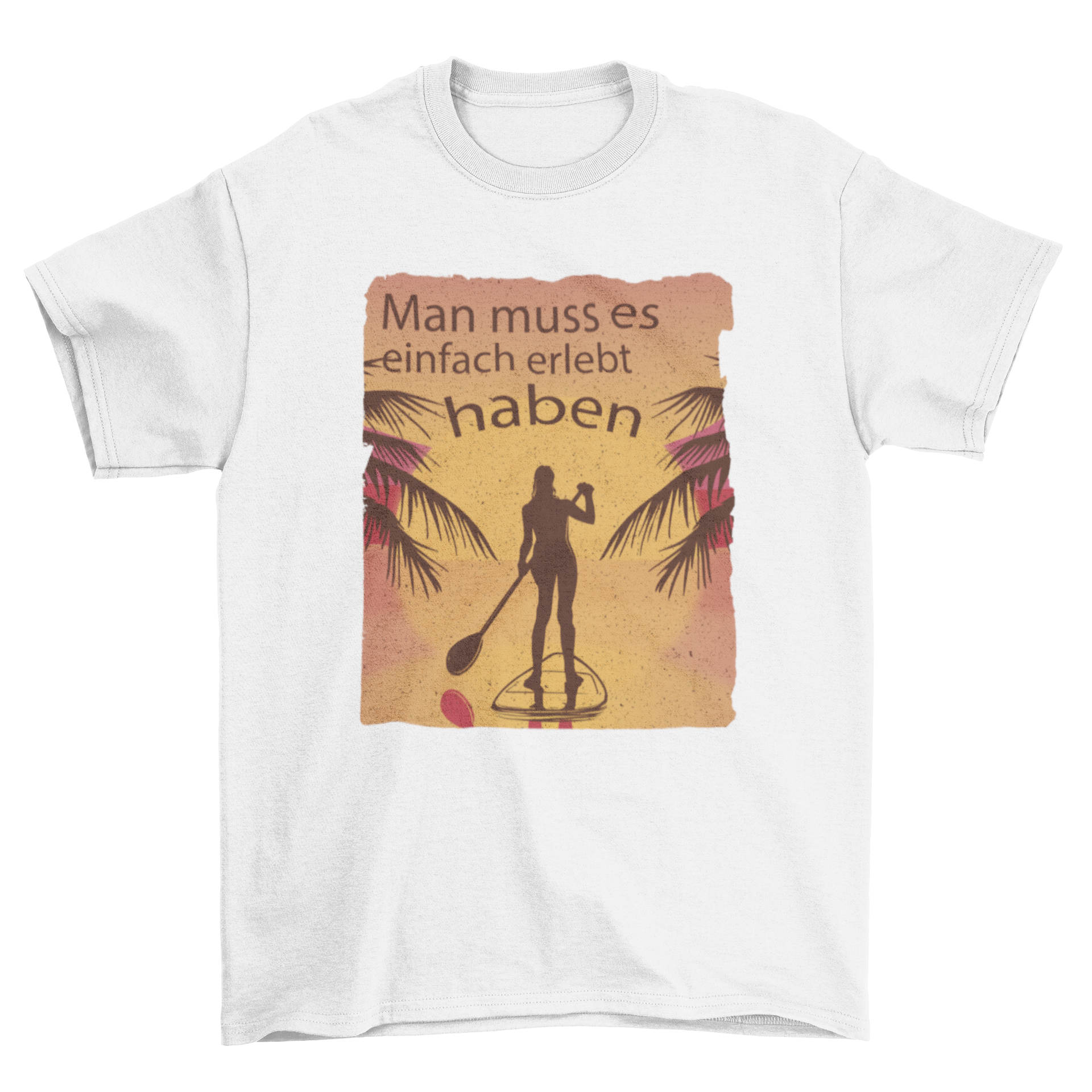 Chill Adventure T-Shirt featuring a woman paddling on a river with a motivational German quote.