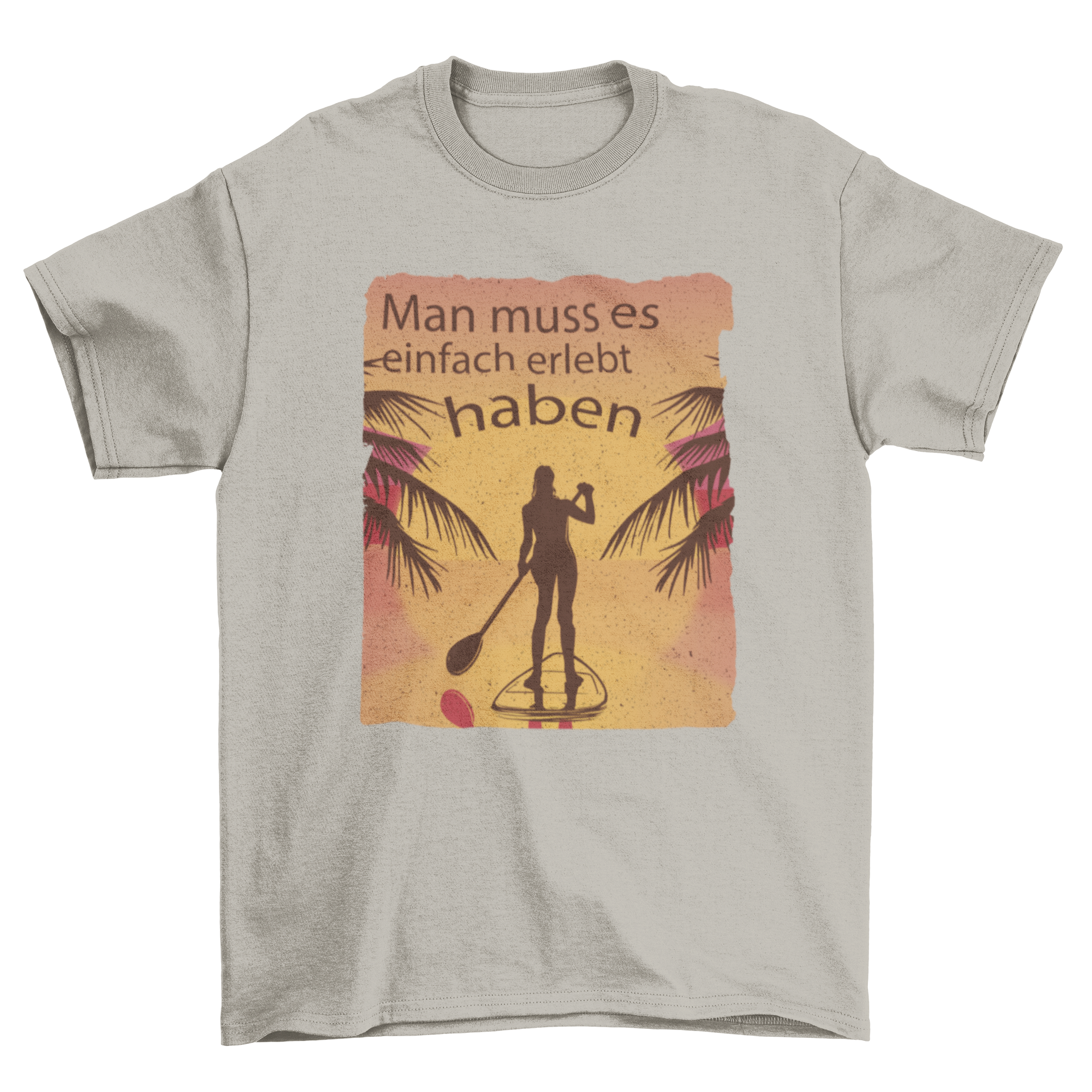 Chill Adventure T-Shirt featuring a woman paddling on a river with a motivational German quote.