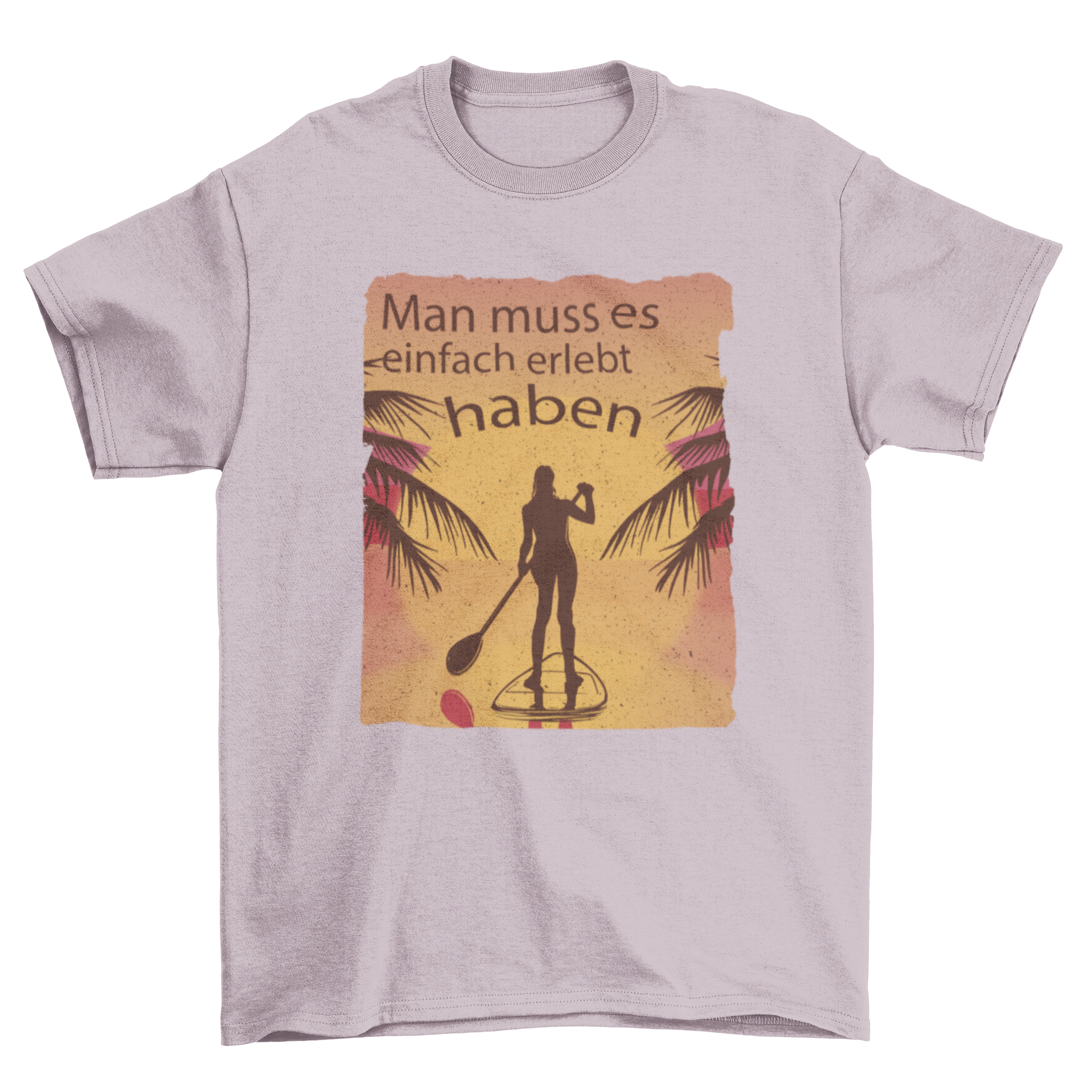 Chill Adventure T-Shirt featuring a woman paddling on a river with a motivational German quote.