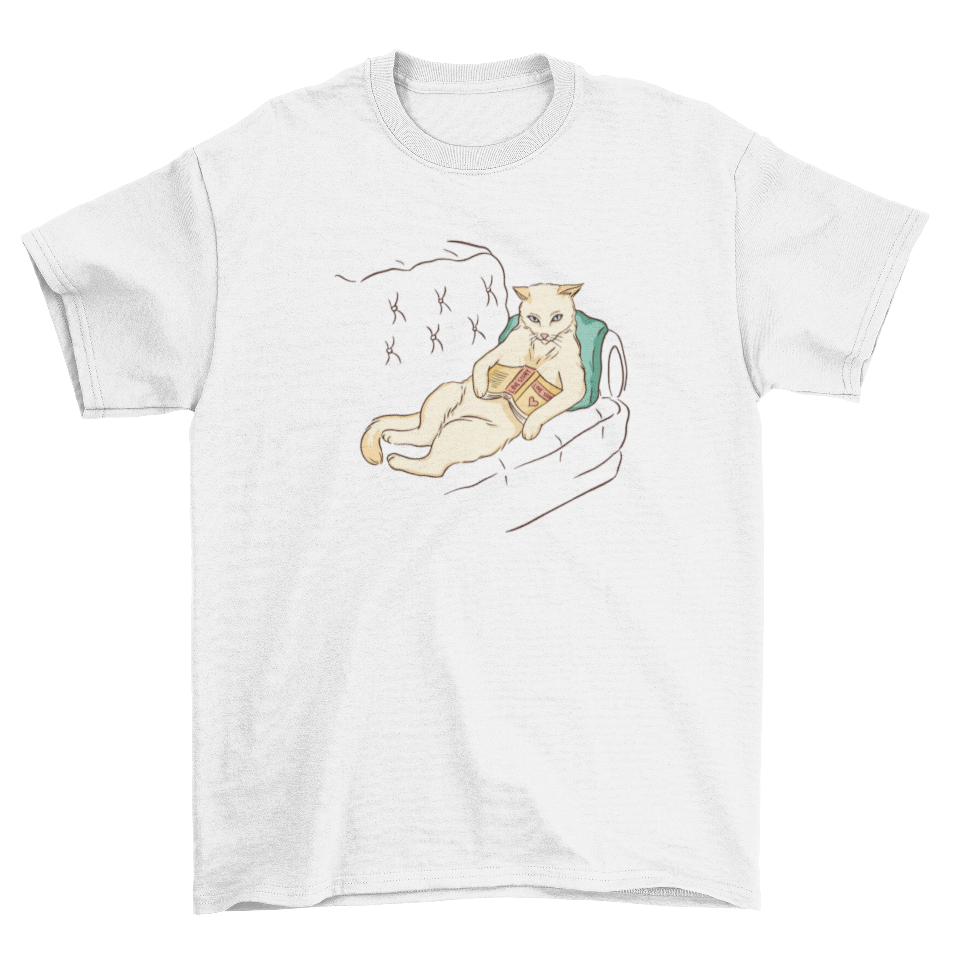 Chill Cat T-shirt featuring a relaxed cat lounging on a couch, perfect for cat lovers.