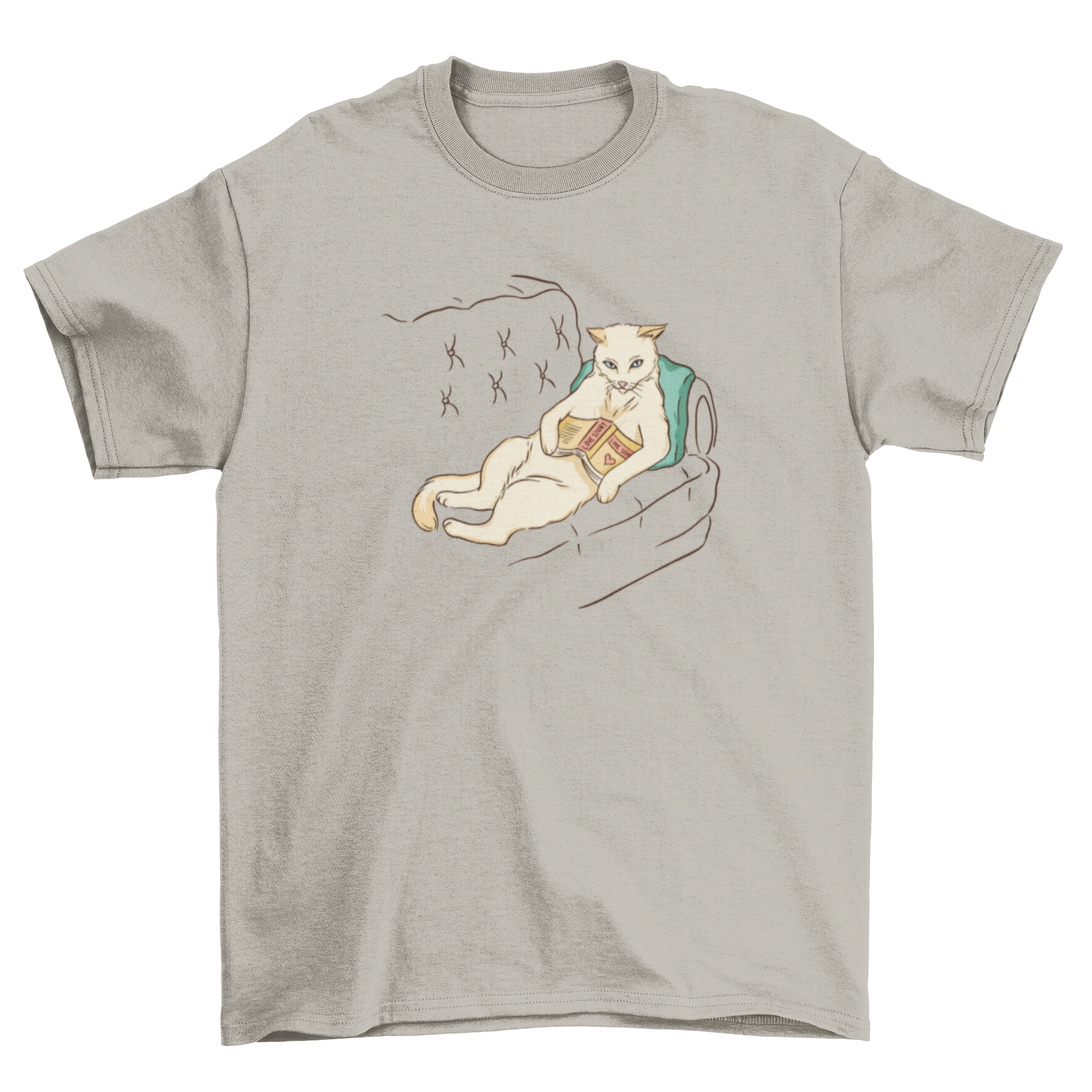 Chill Cat T-shirt featuring a relaxed cat lounging on a couch, perfect for cat lovers.