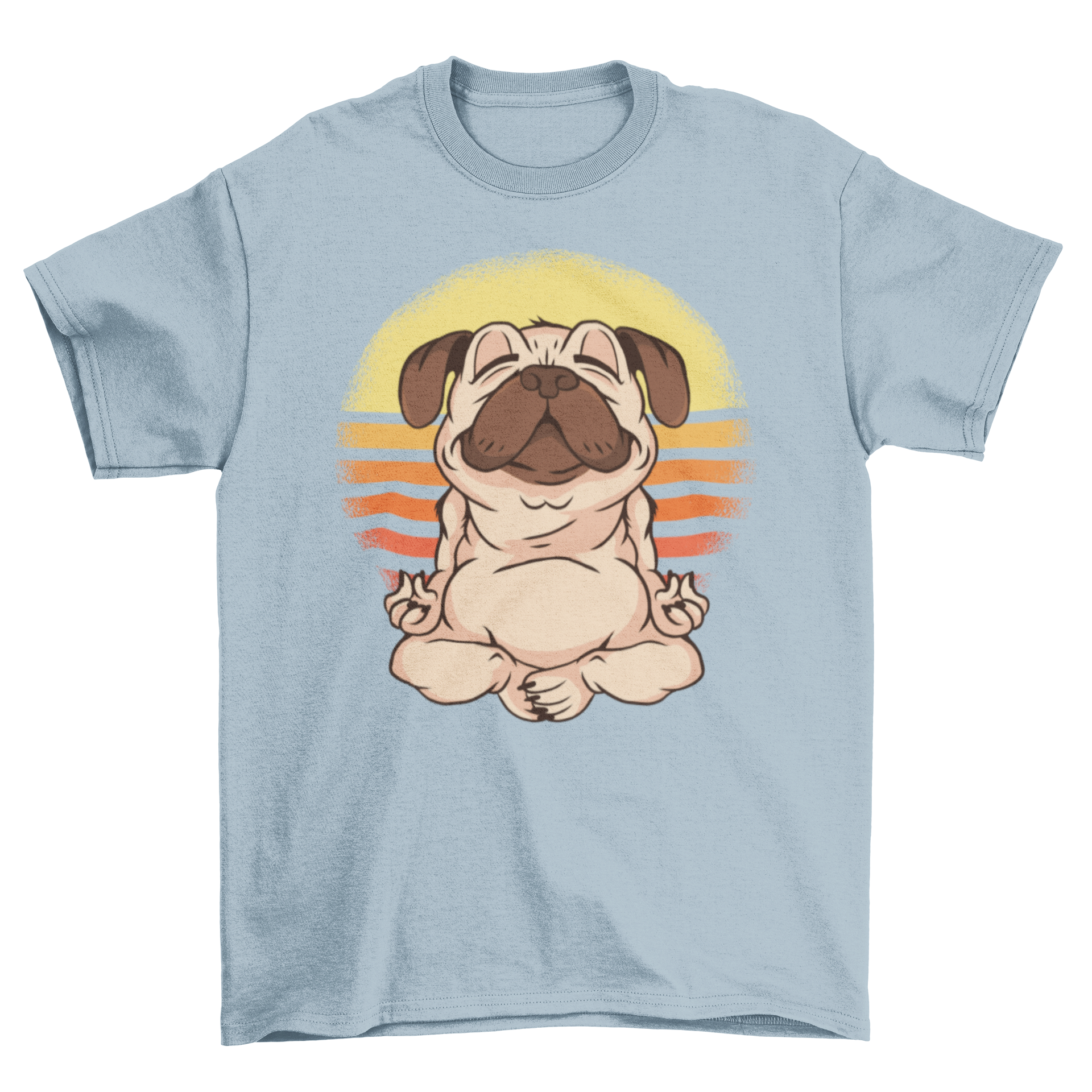 Chill Cute Warm Sunny Dog Yoga T-Shirt featuring a pug puppy meditating with a sunset background.