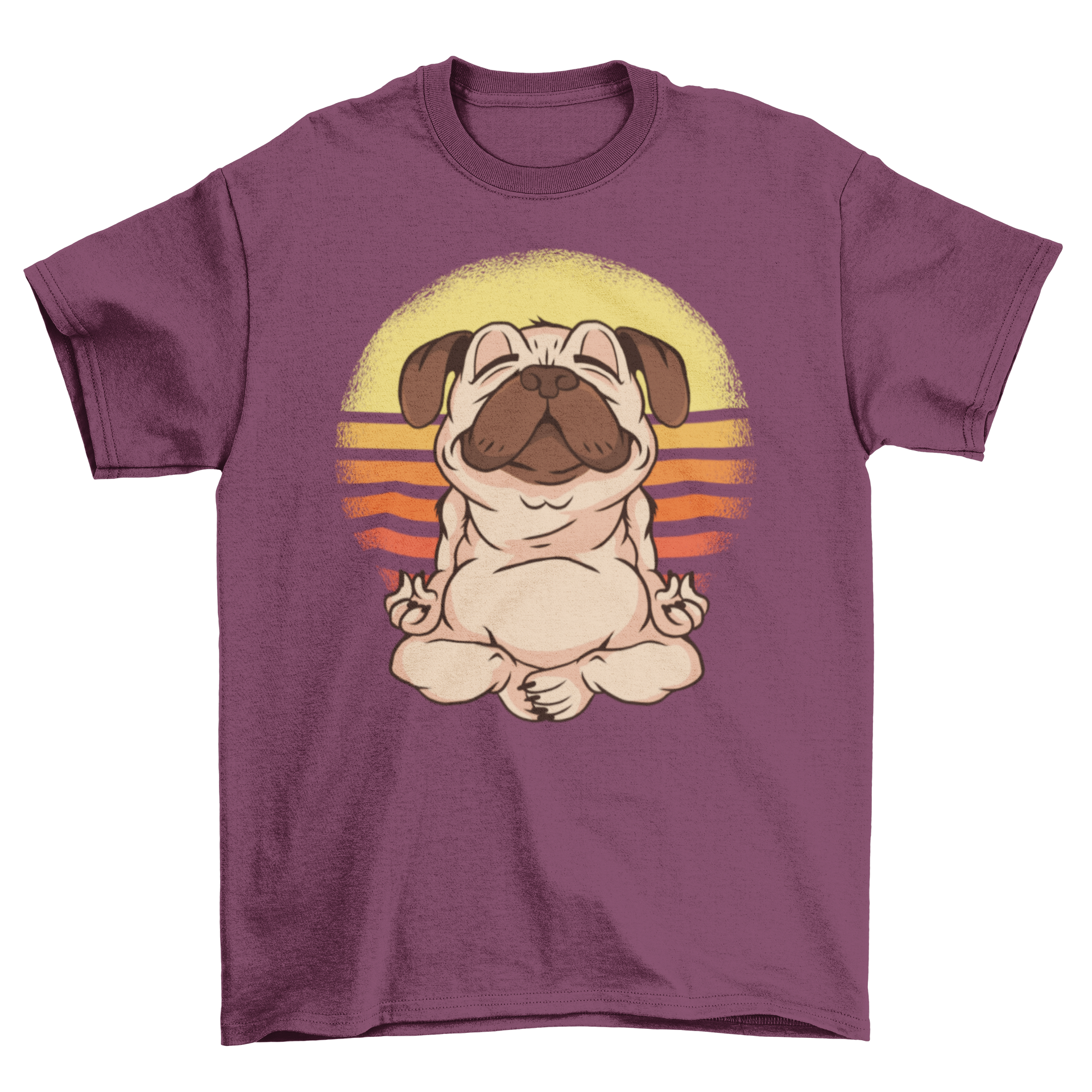 Chill Cute Warm Sunny Dog Yoga T-Shirt featuring a pug puppy meditating with a sunset background.