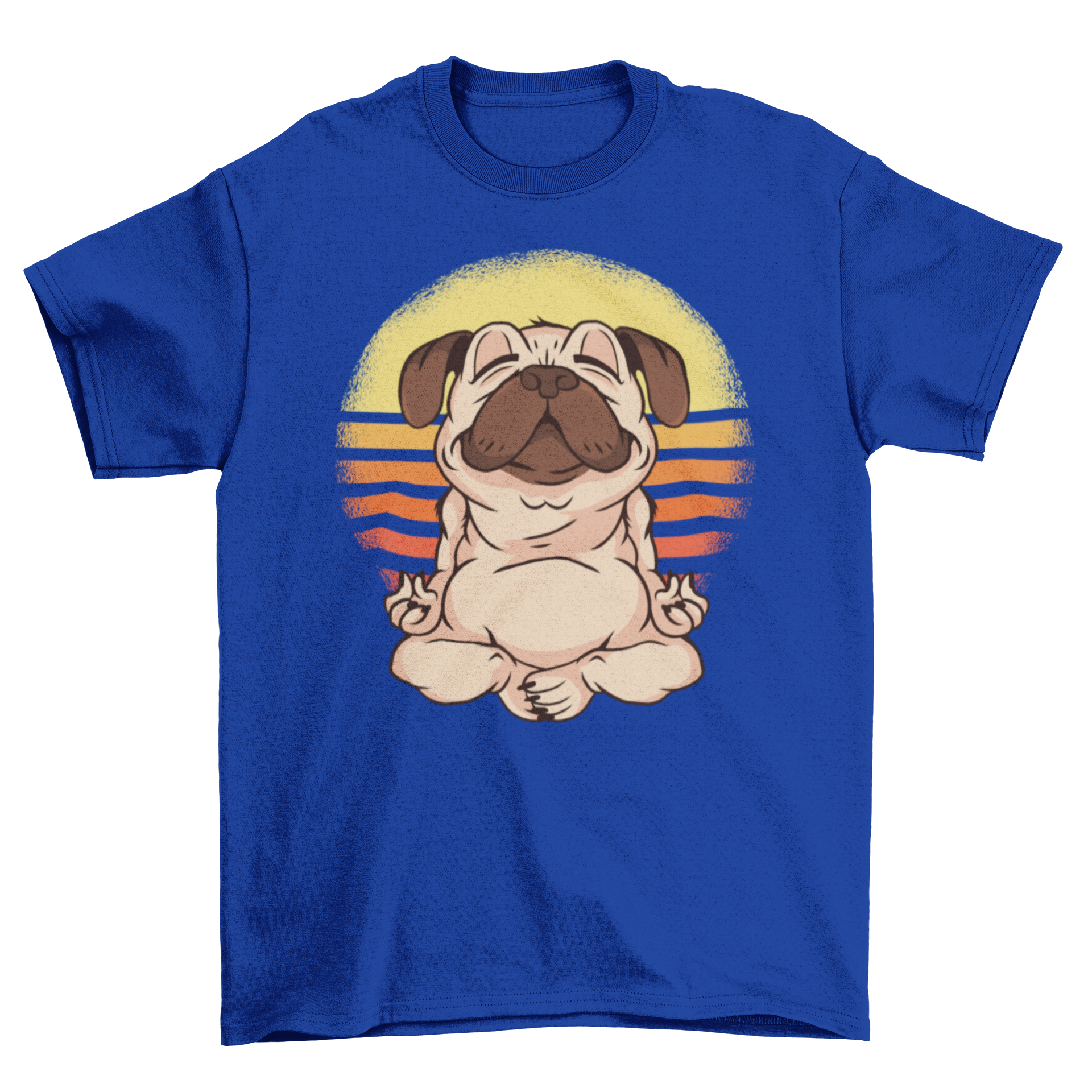 Chill Cute Warm Sunny Dog Yoga T-Shirt featuring a pug puppy meditating with a sunset background.