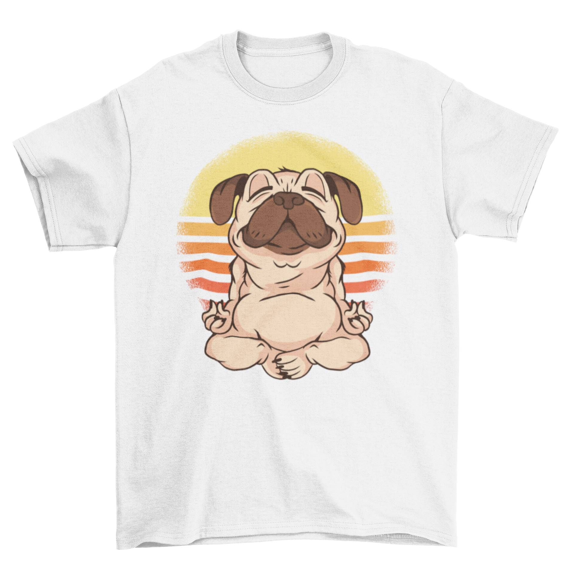 Chill Cute Warm Sunny Dog Yoga T-Shirt featuring a pug puppy meditating with a sunset background.