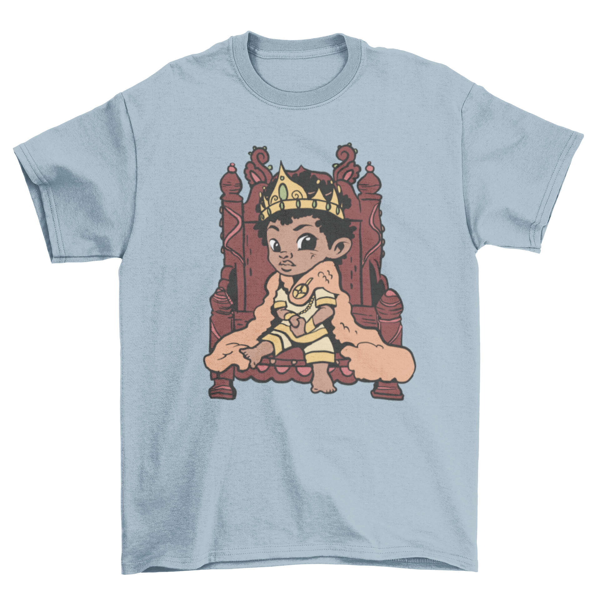 A cute cartoon t-shirt featuring a child king sitting on a throne, designed for kids.