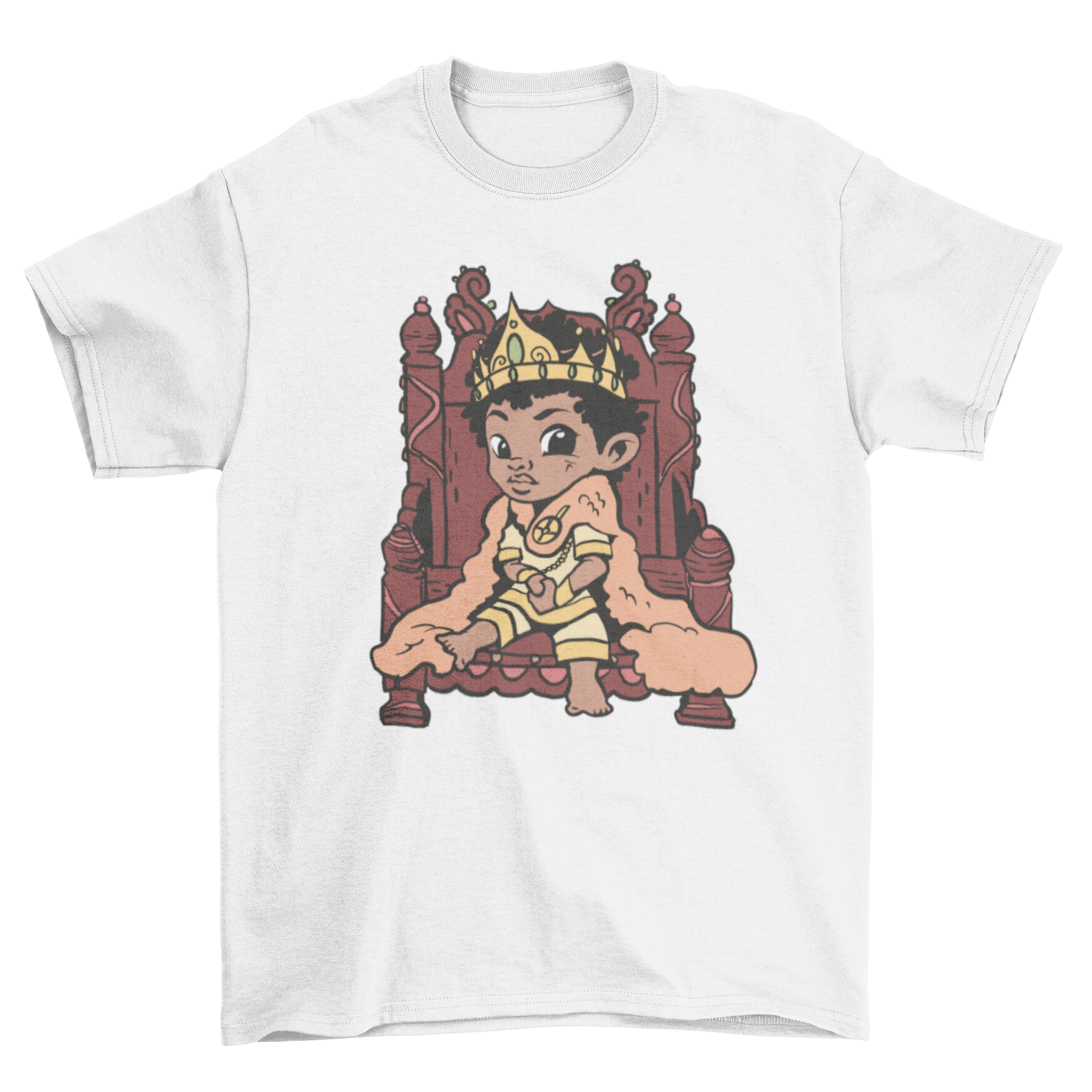 A cute cartoon t-shirt featuring a child king sitting on a throne, designed for kids.