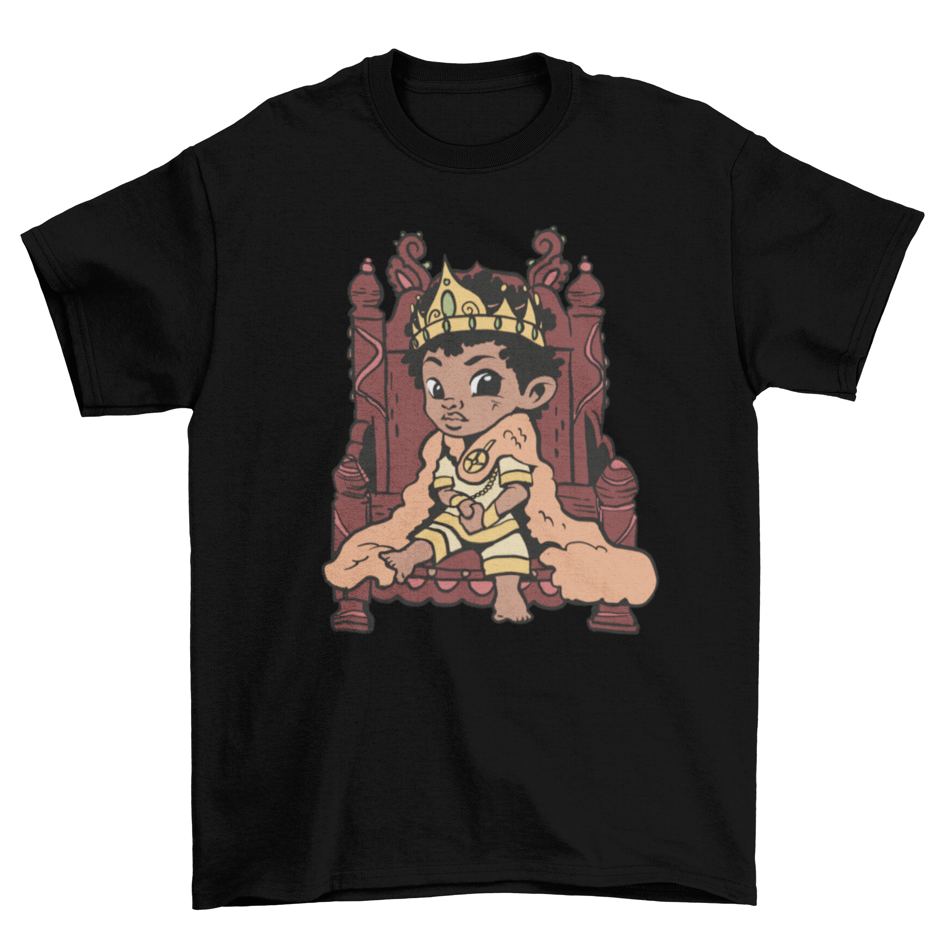 A cute cartoon t-shirt featuring a child king sitting on a throne, designed for kids.