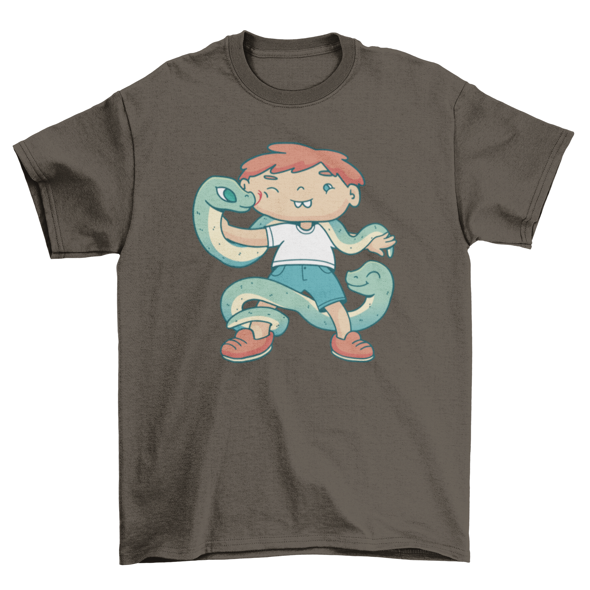 A colorful t-shirt featuring a playful design of a child interacting with snakes, perfect for adventurous kids.