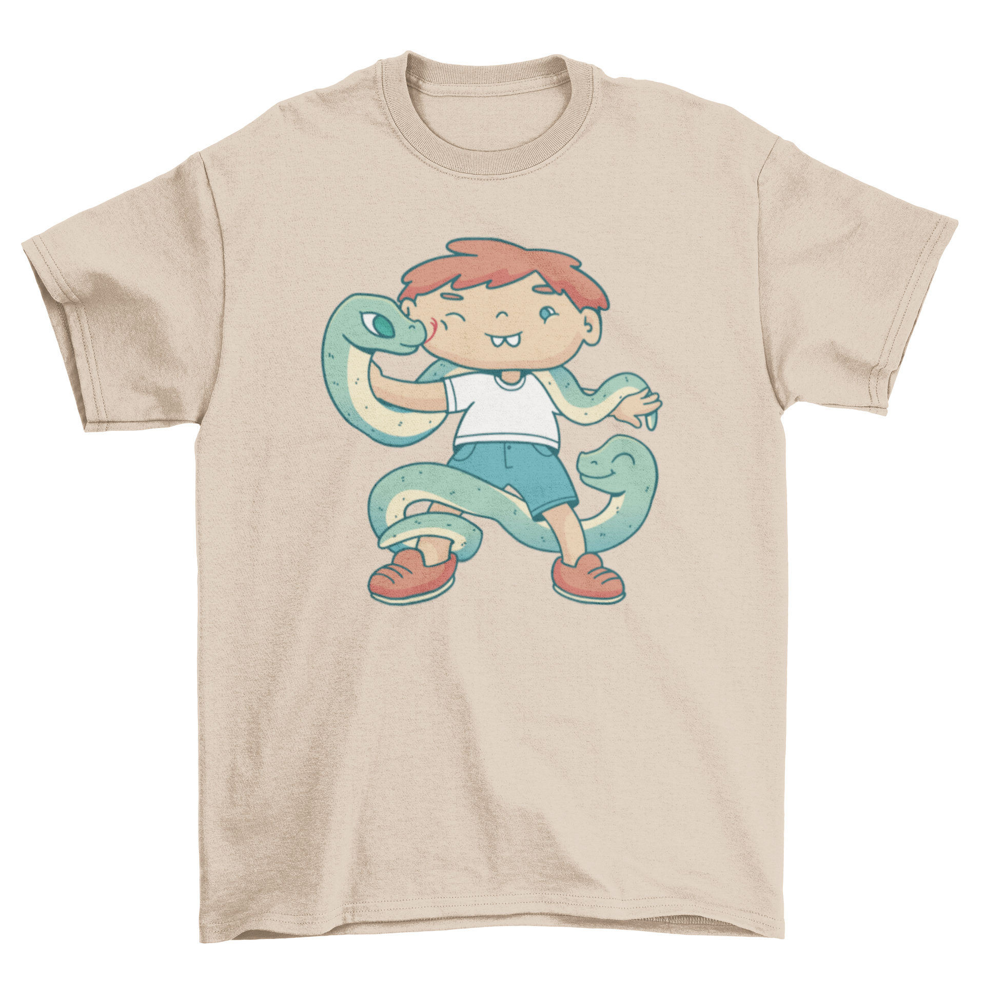 A colorful t-shirt featuring a playful design of a child interacting with snakes, perfect for adventurous kids.