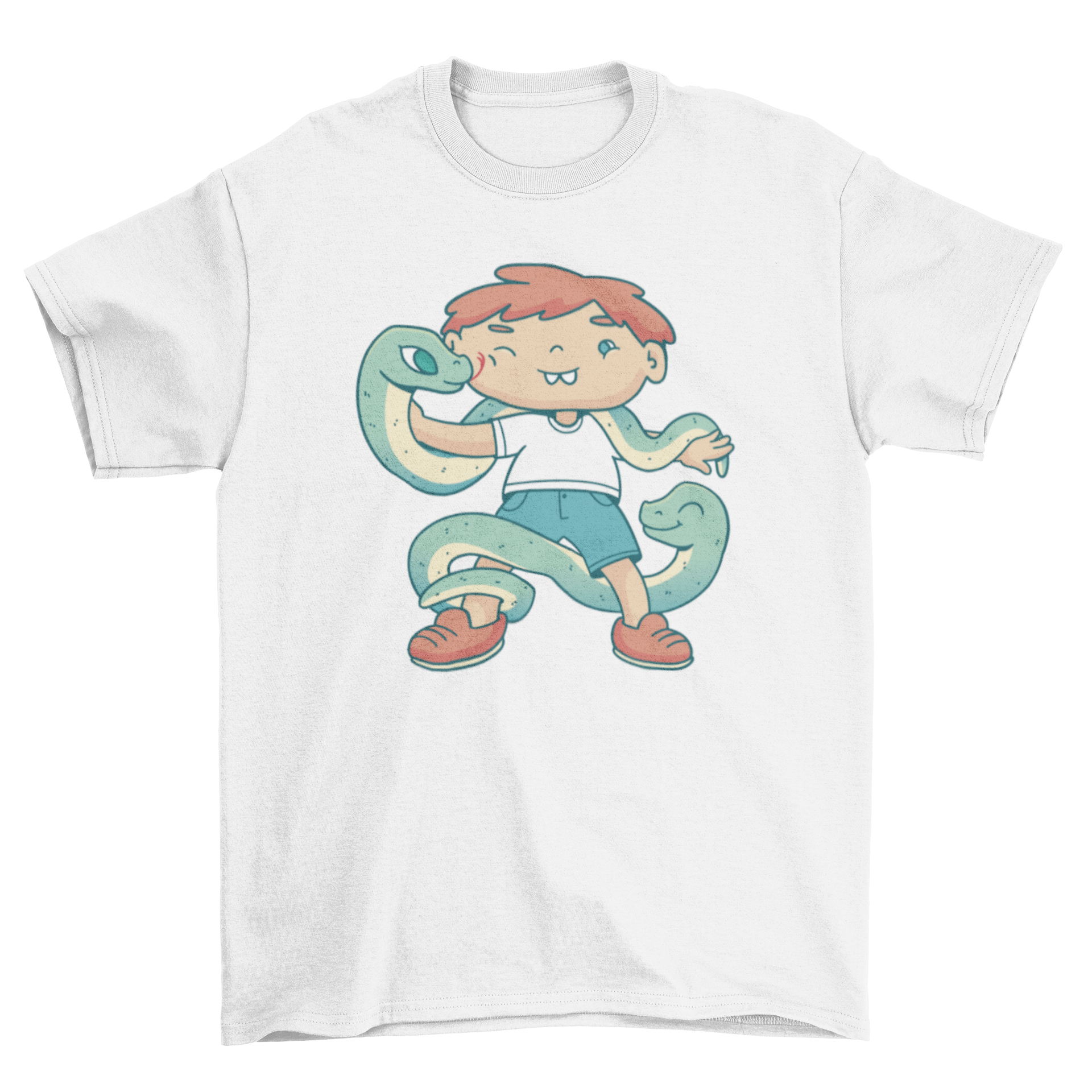 A colorful t-shirt featuring a playful design of a child interacting with snakes, perfect for adventurous kids.