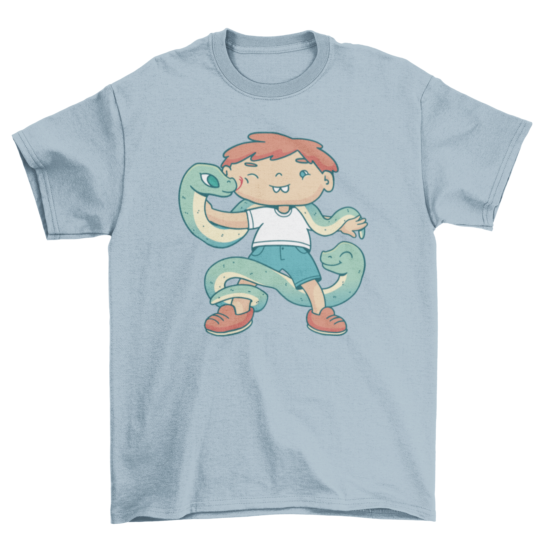 A colorful t-shirt featuring a playful design of a child interacting with snakes, perfect for adventurous kids.