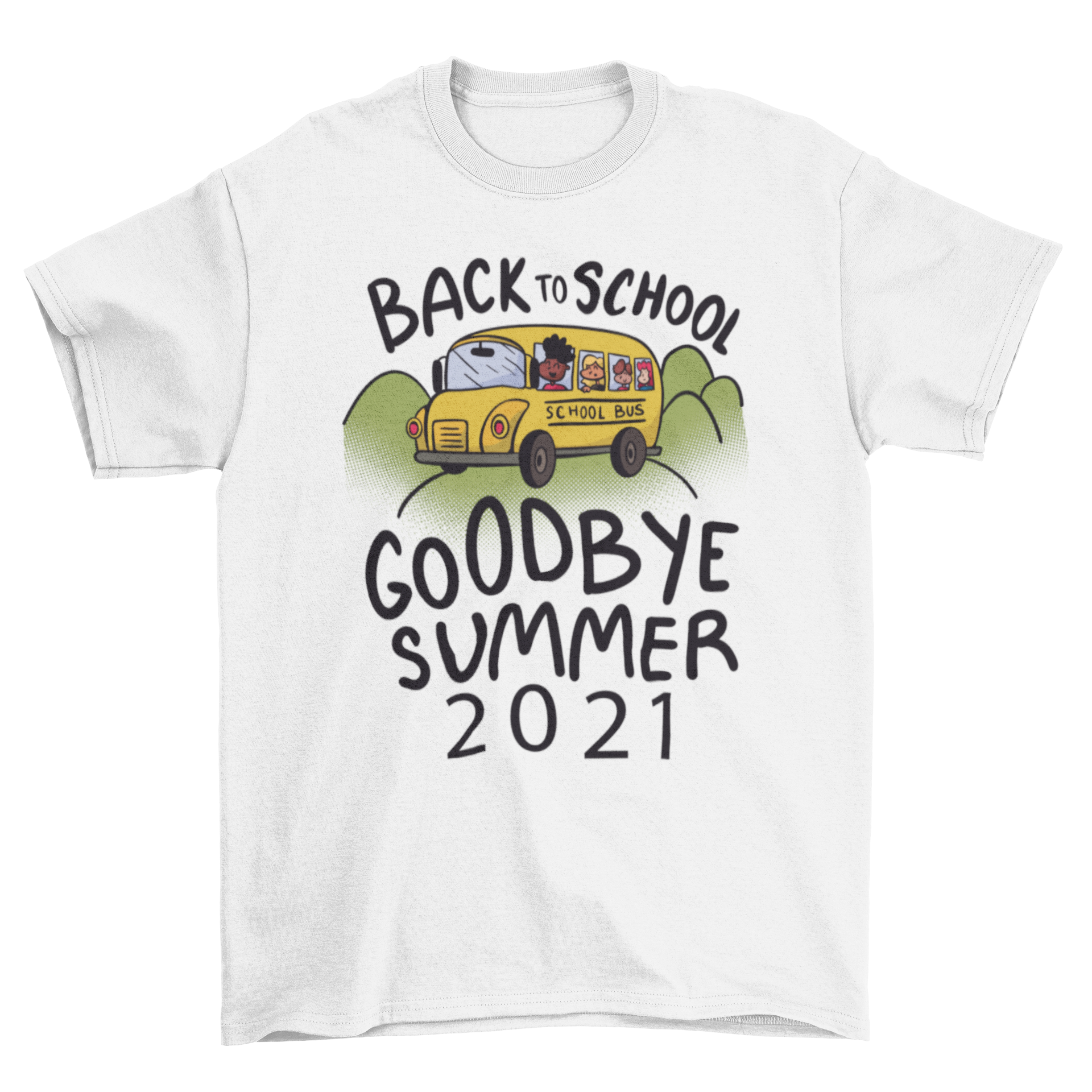 Children's cartoon t-shirt featuring a colorful school bus and kids, with the quote 'Back to school, goodbye summer 2021'.