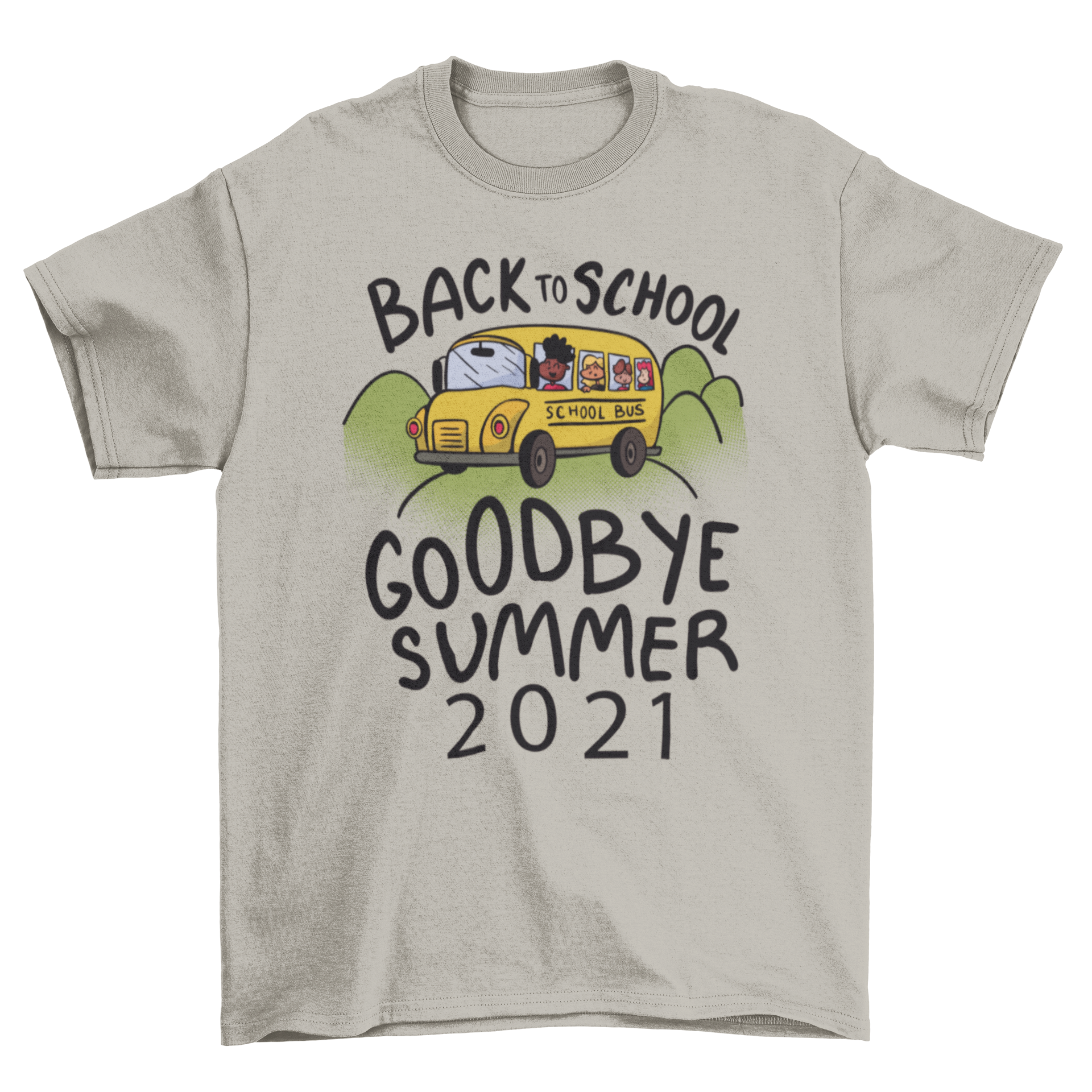 Children's cartoon t-shirt featuring a colorful school bus and kids, with the quote 'Back to school, goodbye summer 2021'.