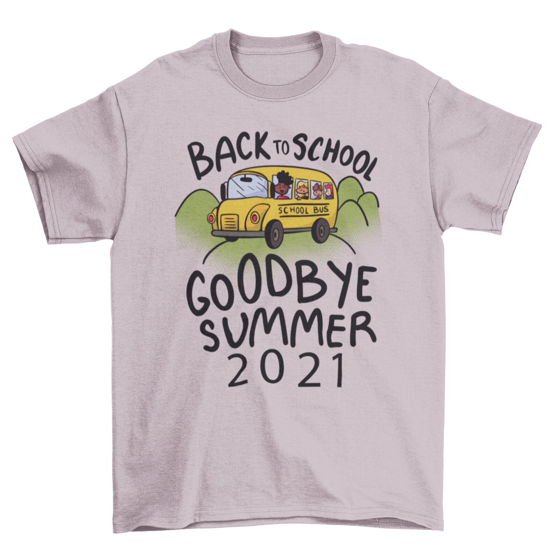 Children's cartoon t-shirt featuring a colorful school bus and kids, with the quote 'Back to school, goodbye summer 2021'.