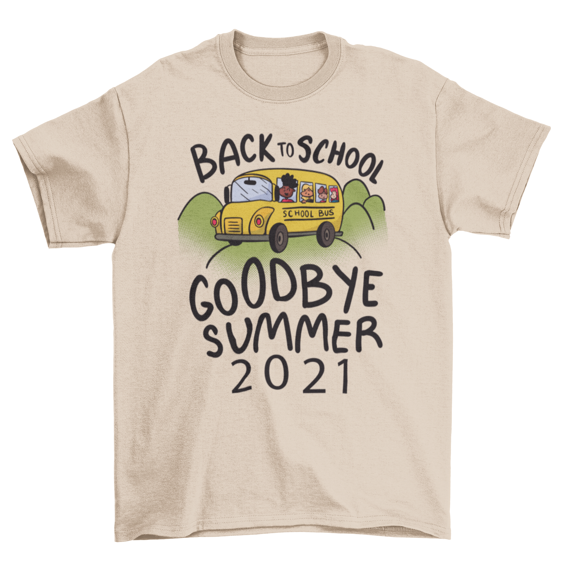 Children's cartoon t-shirt featuring a colorful school bus and kids, with the quote 'Back to school, goodbye summer 2021'.