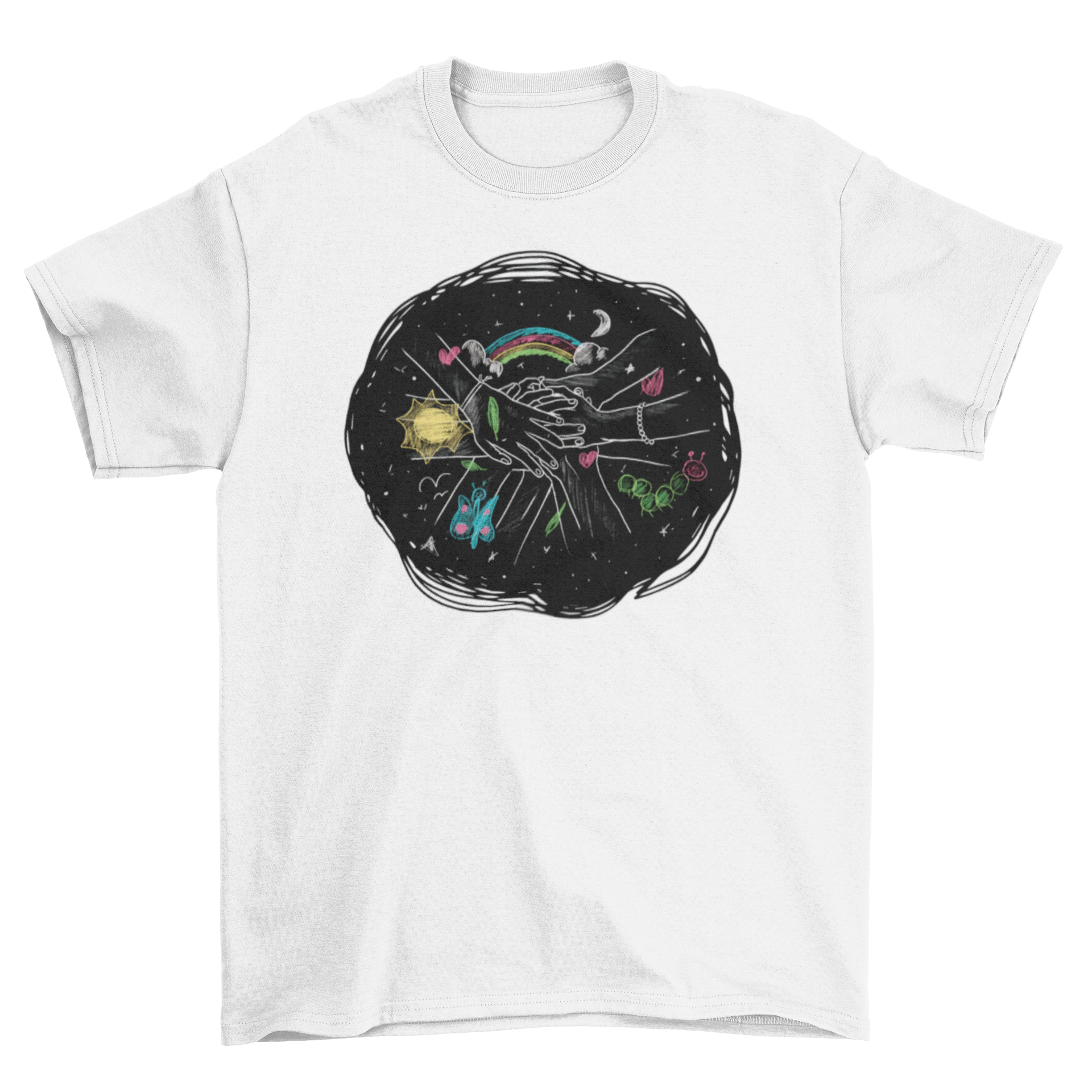 A colorful t-shirt featuring children's hands with chalk drawings, showcasing creativity and fun.