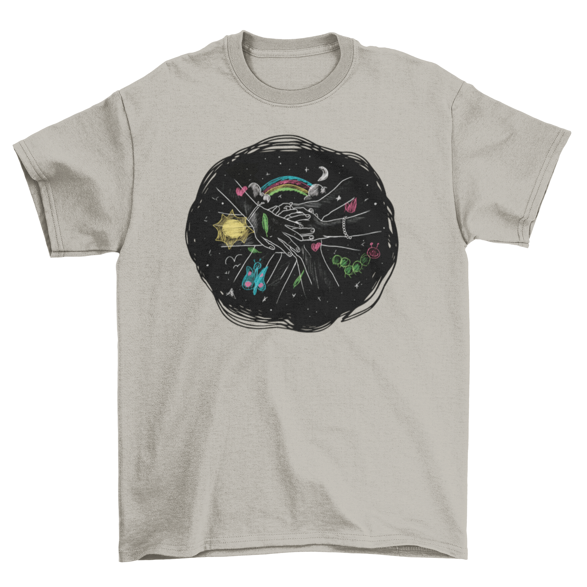 A colorful t-shirt featuring children's hands with chalk drawings, showcasing creativity and fun.