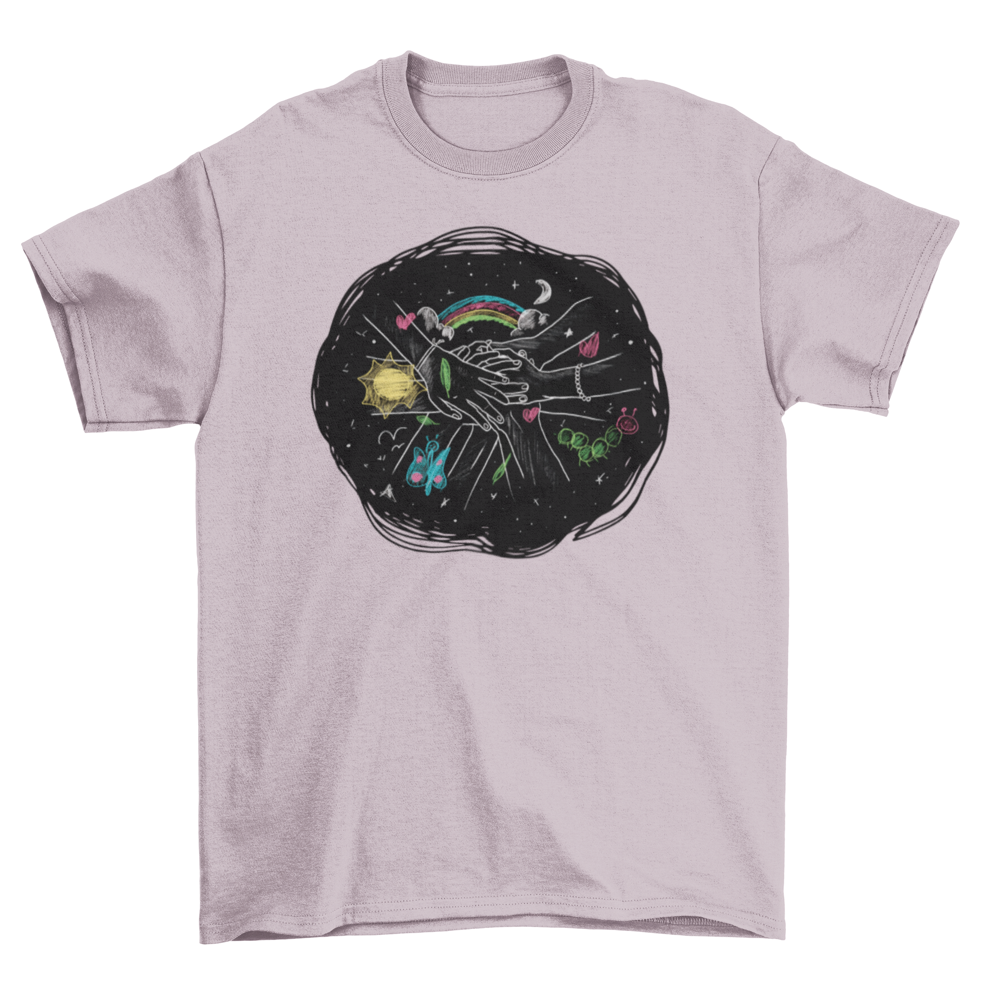 A colorful t-shirt featuring children's hands with chalk drawings, showcasing creativity and fun.