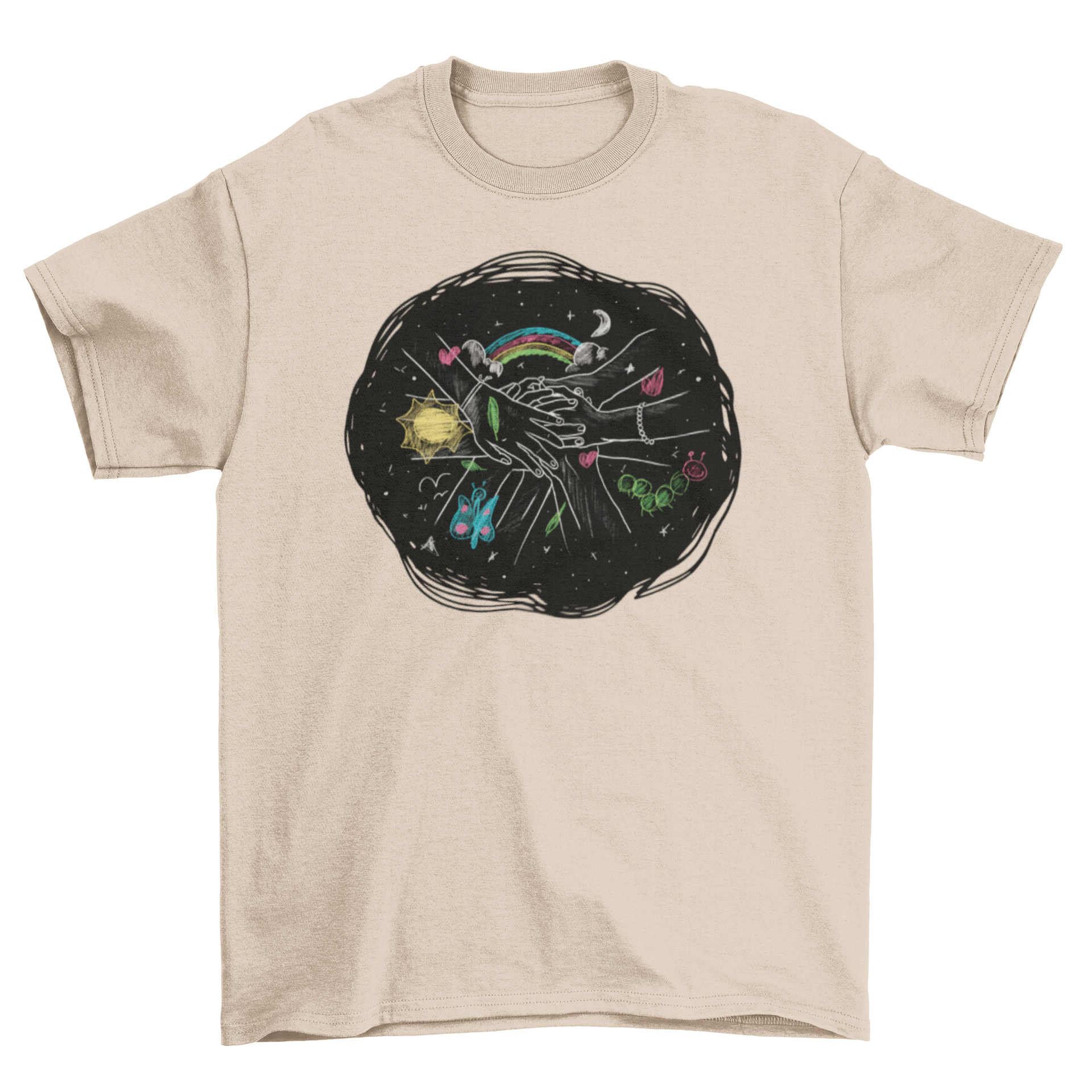 A colorful t-shirt featuring children's hands with chalk drawings, showcasing creativity and fun.