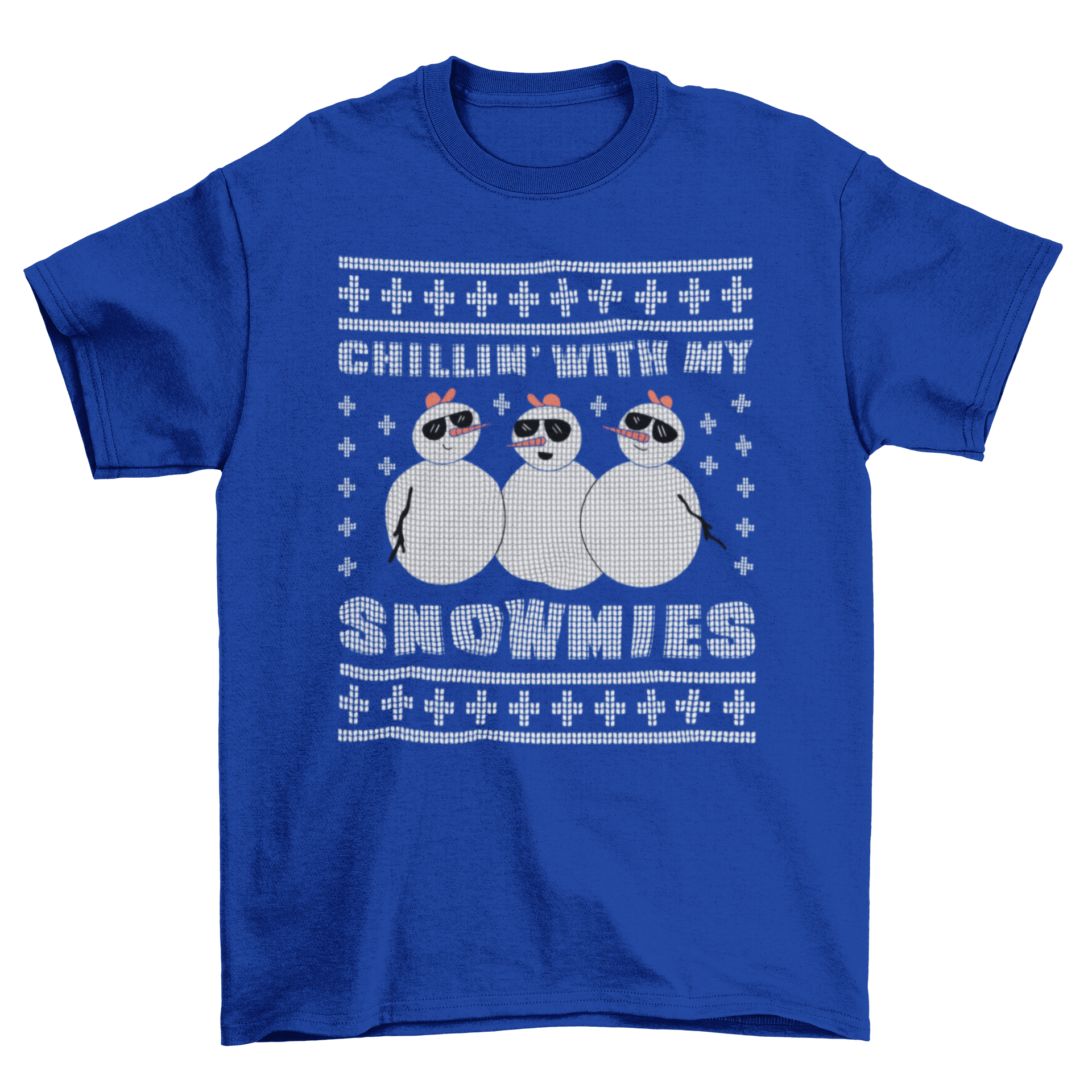 Chilling Snowmies T-shirt featuring three snowmen in sunglasses with the quote Chillin' with my snowmies.