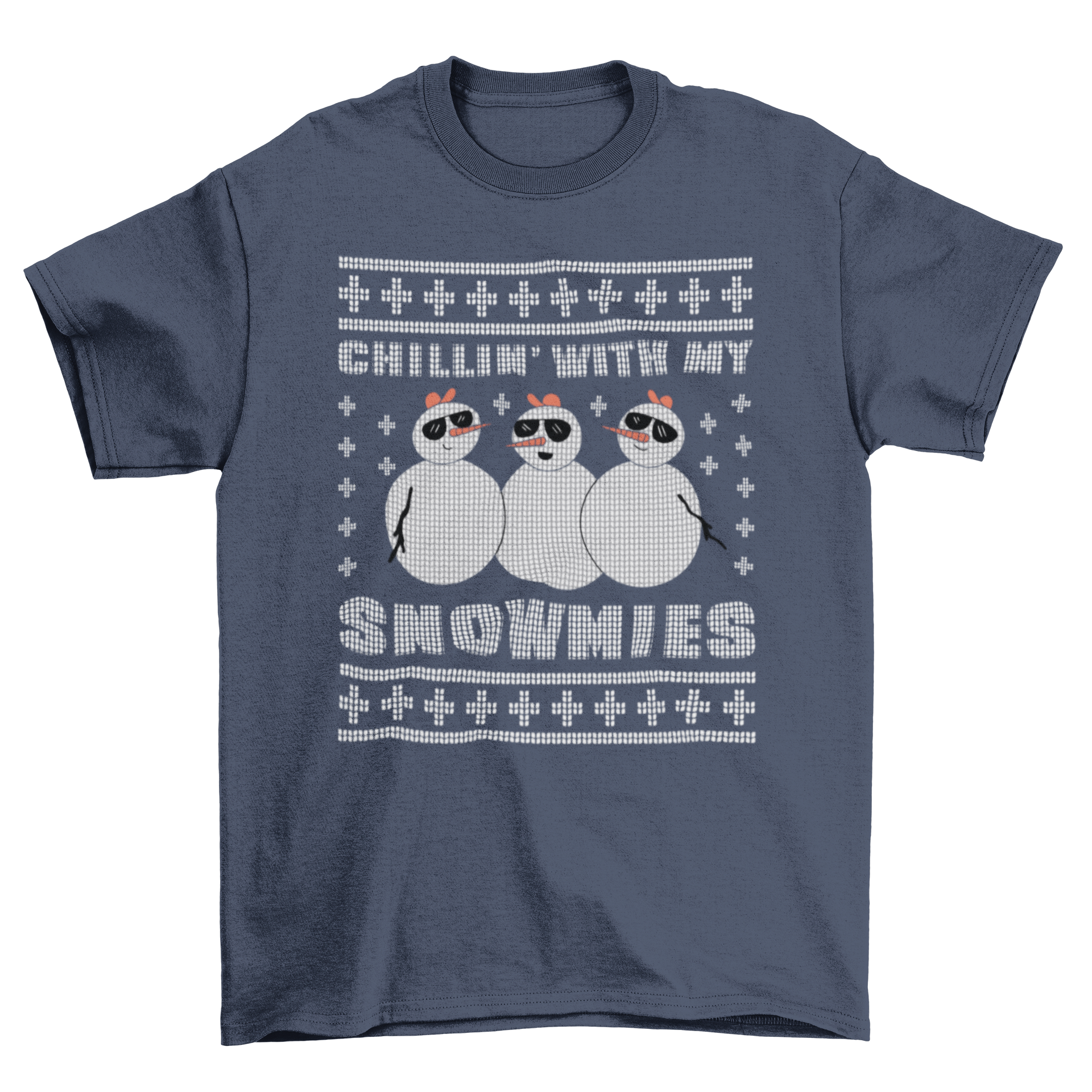 Chilling Snowmies T-shirt featuring three snowmen in sunglasses with the quote Chillin' with my snowmies.