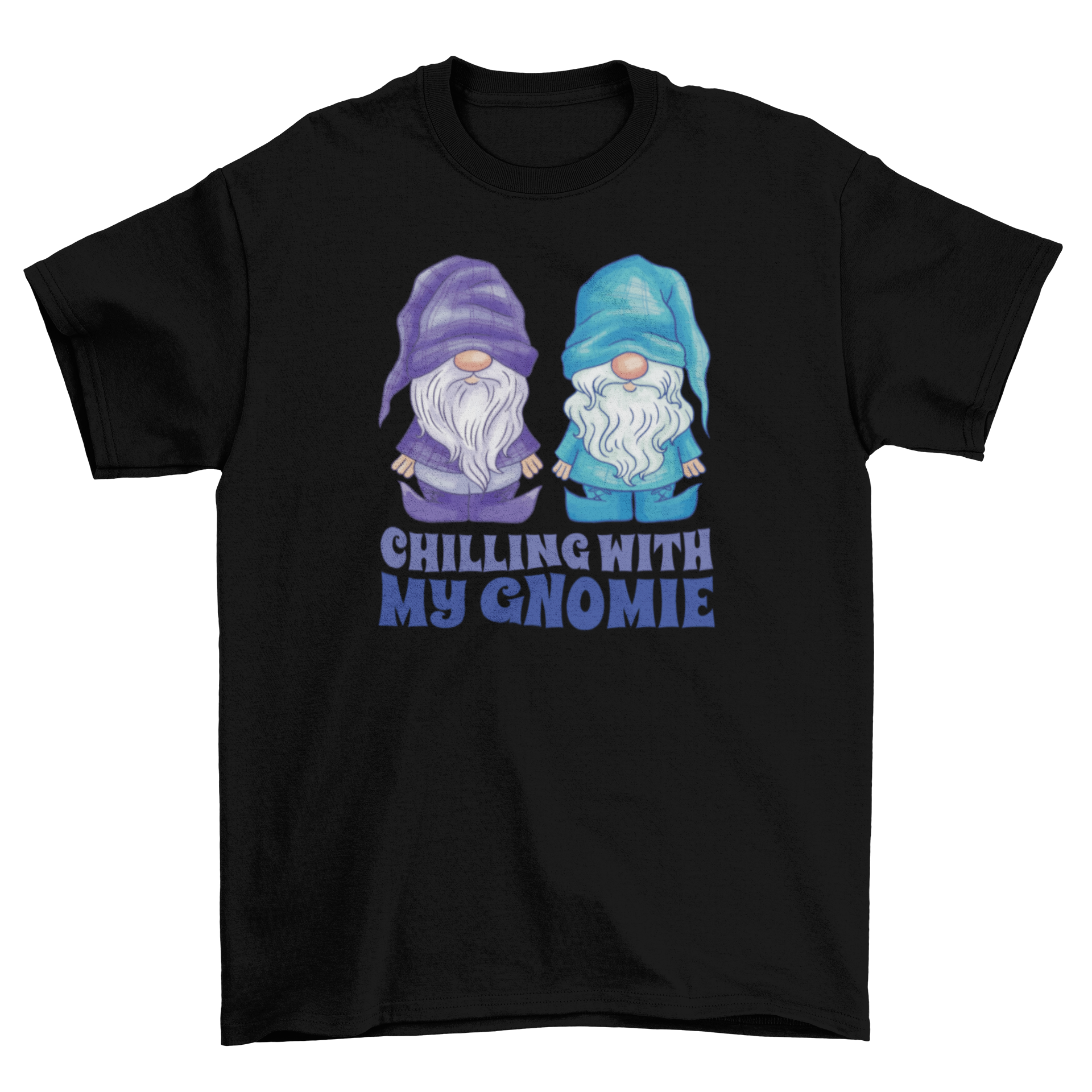 A playful t-shirt featuring two gnomes and the quote 'Chilling with my gnome', perfect for casual wear.