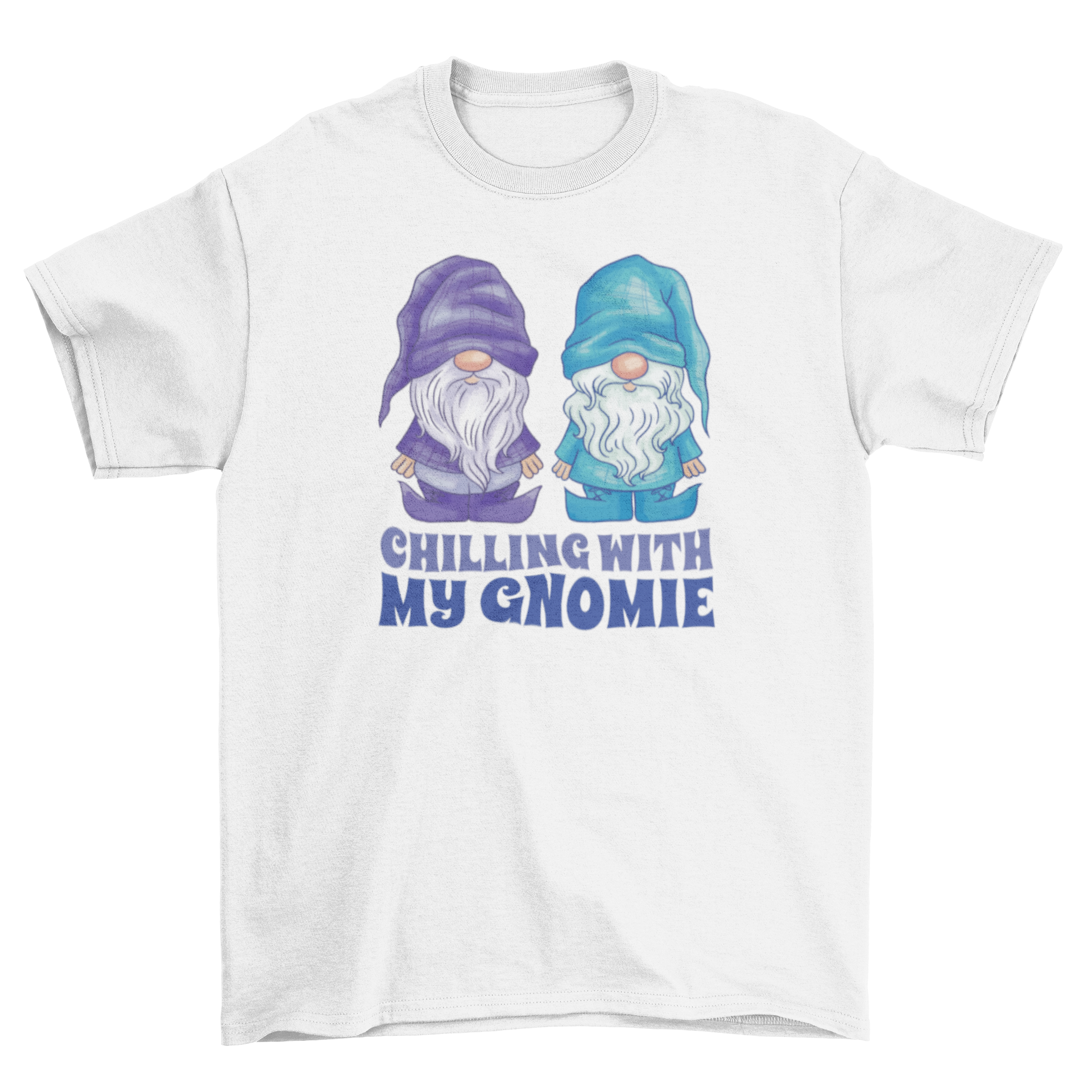 A playful t-shirt featuring two gnomes and the quote 'Chilling with my gnome', perfect for casual wear.