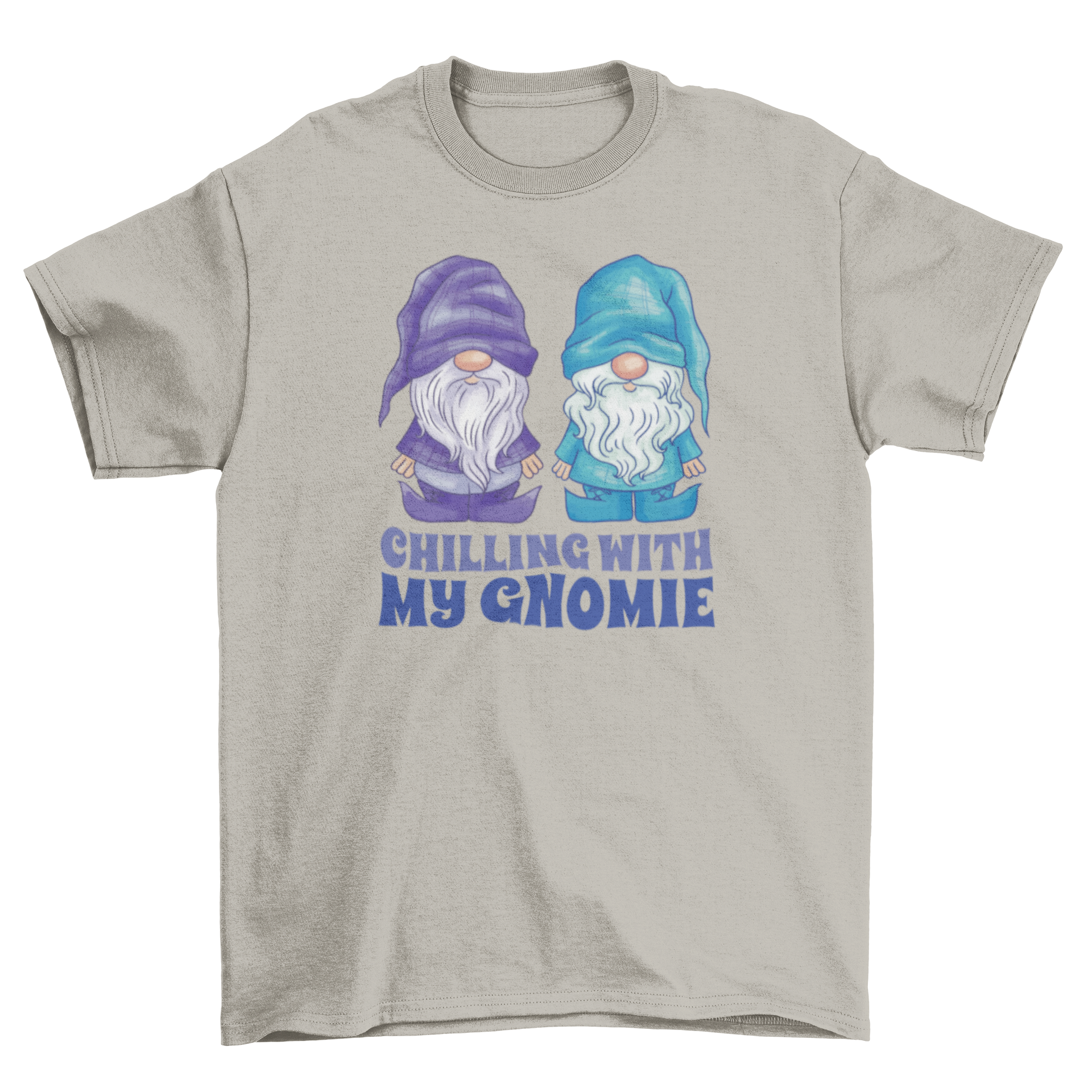 A playful t-shirt featuring two gnomes and the quote 'Chilling with my gnome', perfect for casual wear.