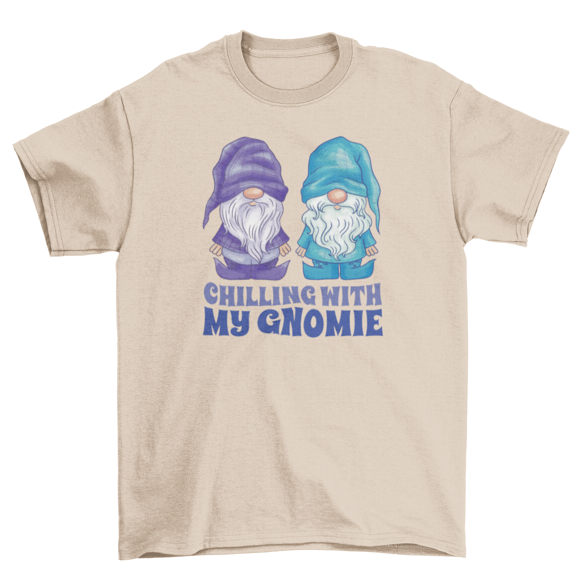 A playful t-shirt featuring two gnomes and the quote 'Chilling with my gnome', perfect for casual wear.