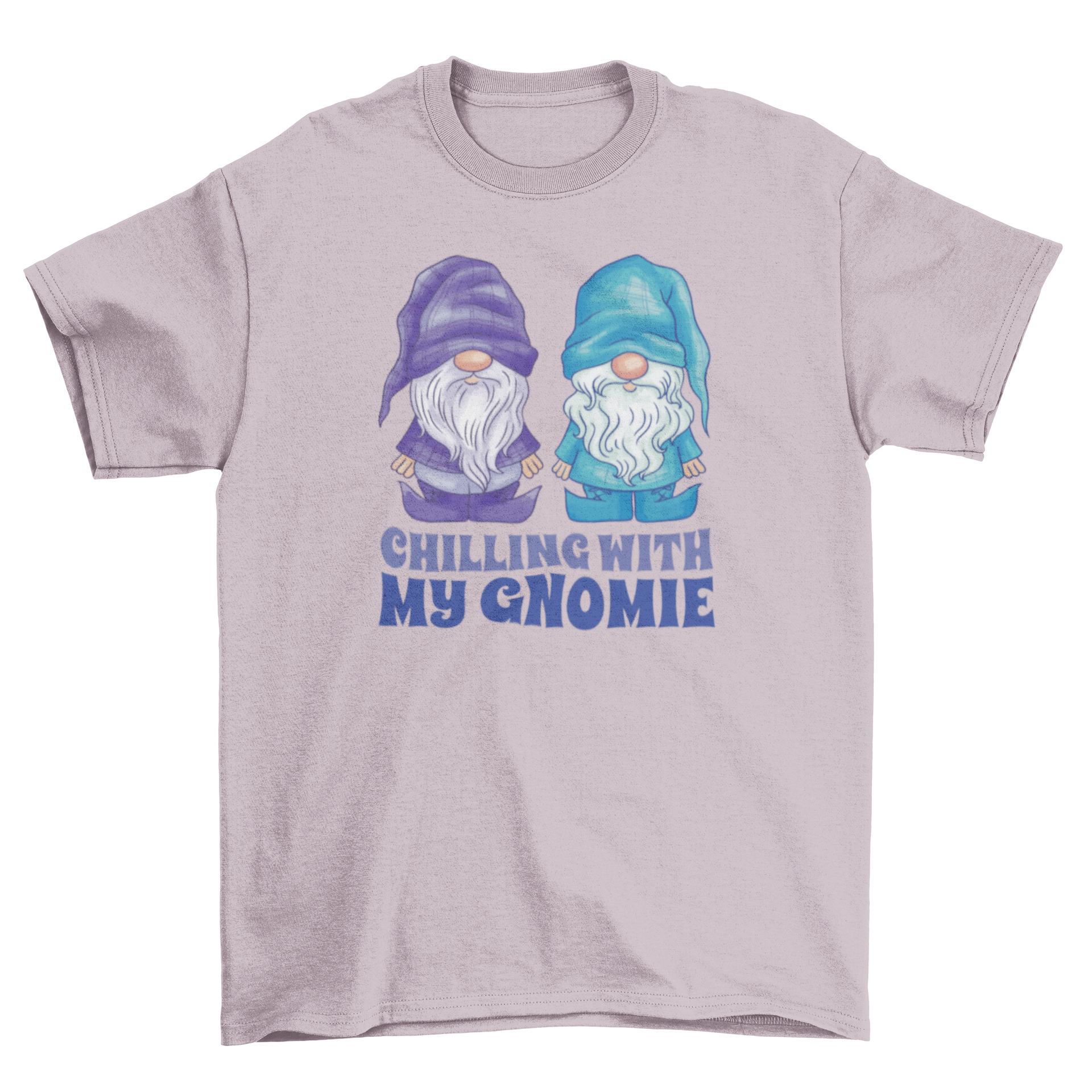 A playful t-shirt featuring two gnomes and the quote 'Chilling with my gnome', perfect for casual wear.