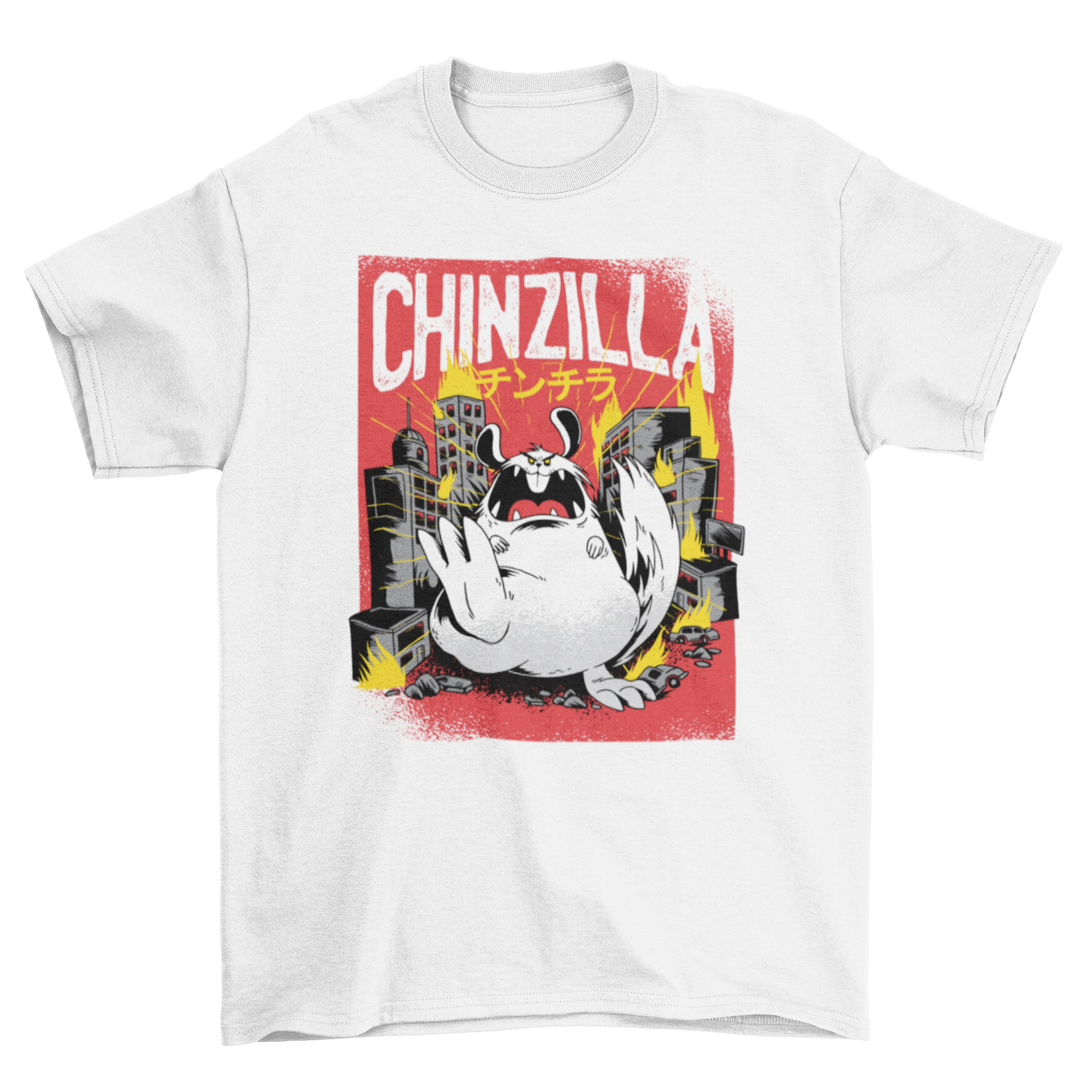 Chinchilla Monster T-shirt featuring a giant chinchilla graphic and the word CHINZILLA in bold letters.