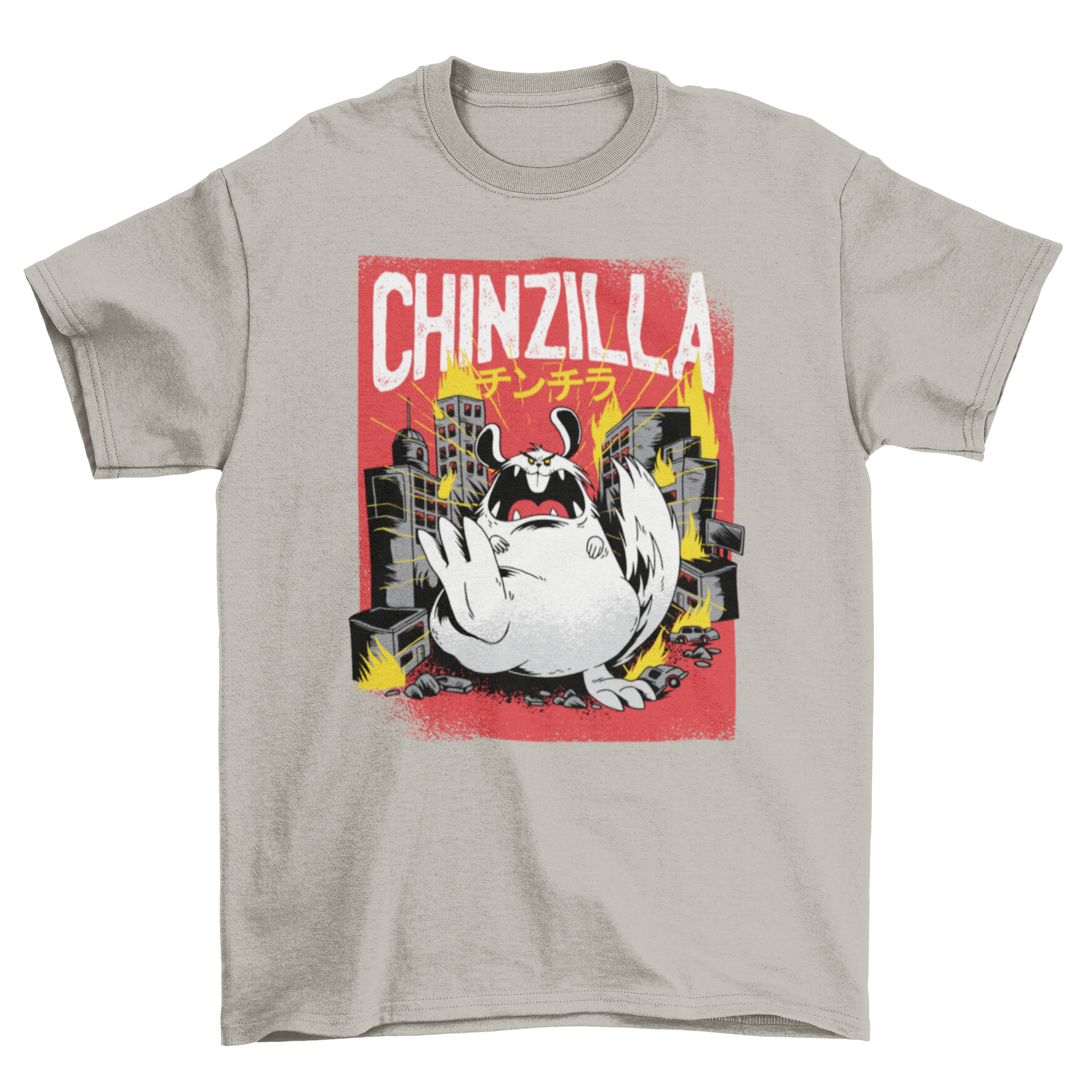 Chinchilla Monster T-shirt featuring a giant chinchilla graphic and the word CHINZILLA in bold letters.