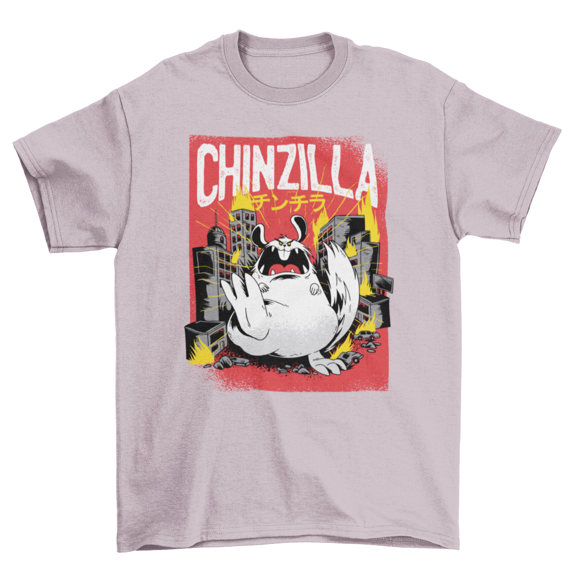 Chinchilla Monster T-shirt featuring a giant chinchilla graphic and the word CHINZILLA in bold letters.